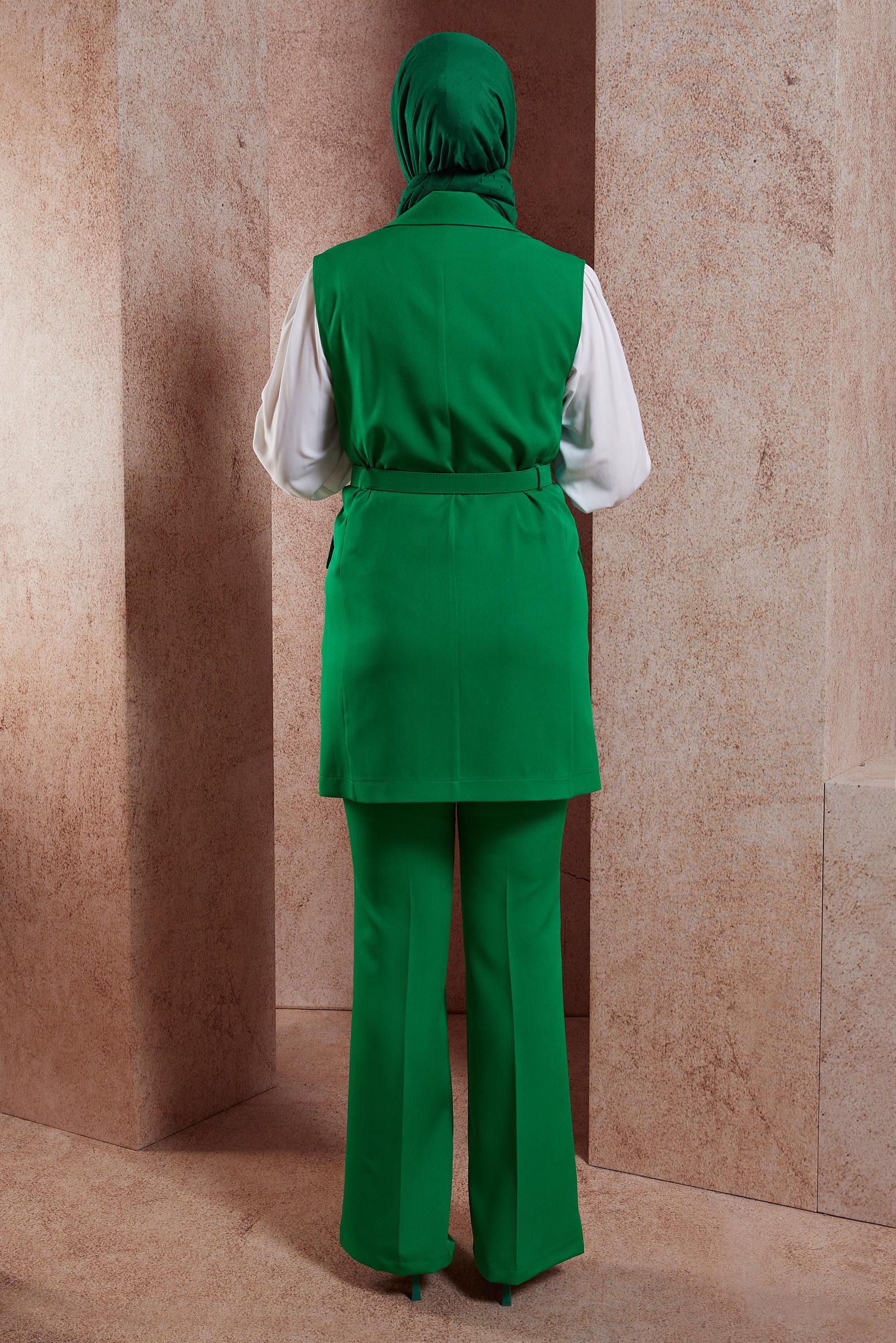 Tesettür giyim YEŞİL KEMERLİ YELEKLİ PANTOLONLU TAKIM 44454