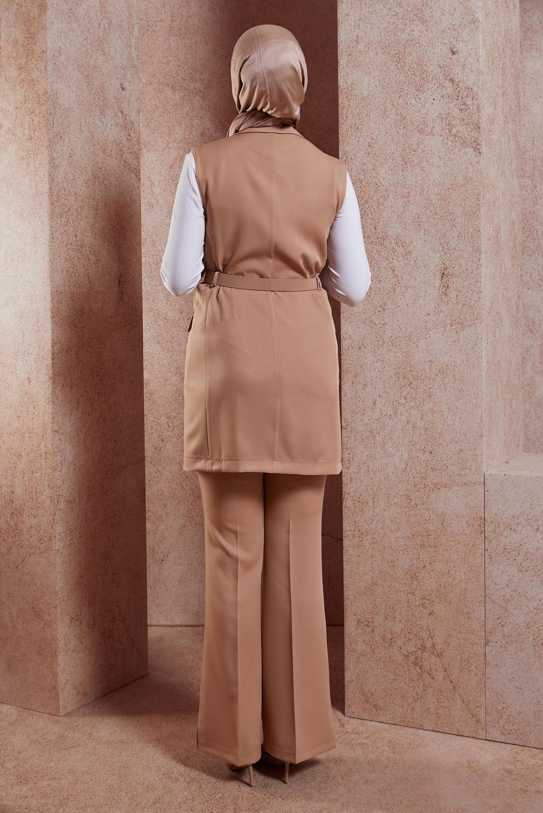 Tesettür giyim KAHVE KEMERLİ YELEKLİ PANTOLONLU TAKIM 44454