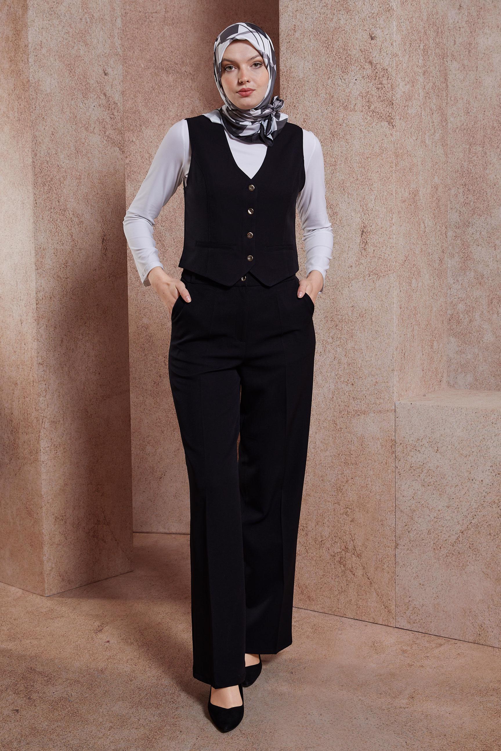 Tesettür giyim SİYAH YELEKLİ PANTOLONLU TAKIM 44455