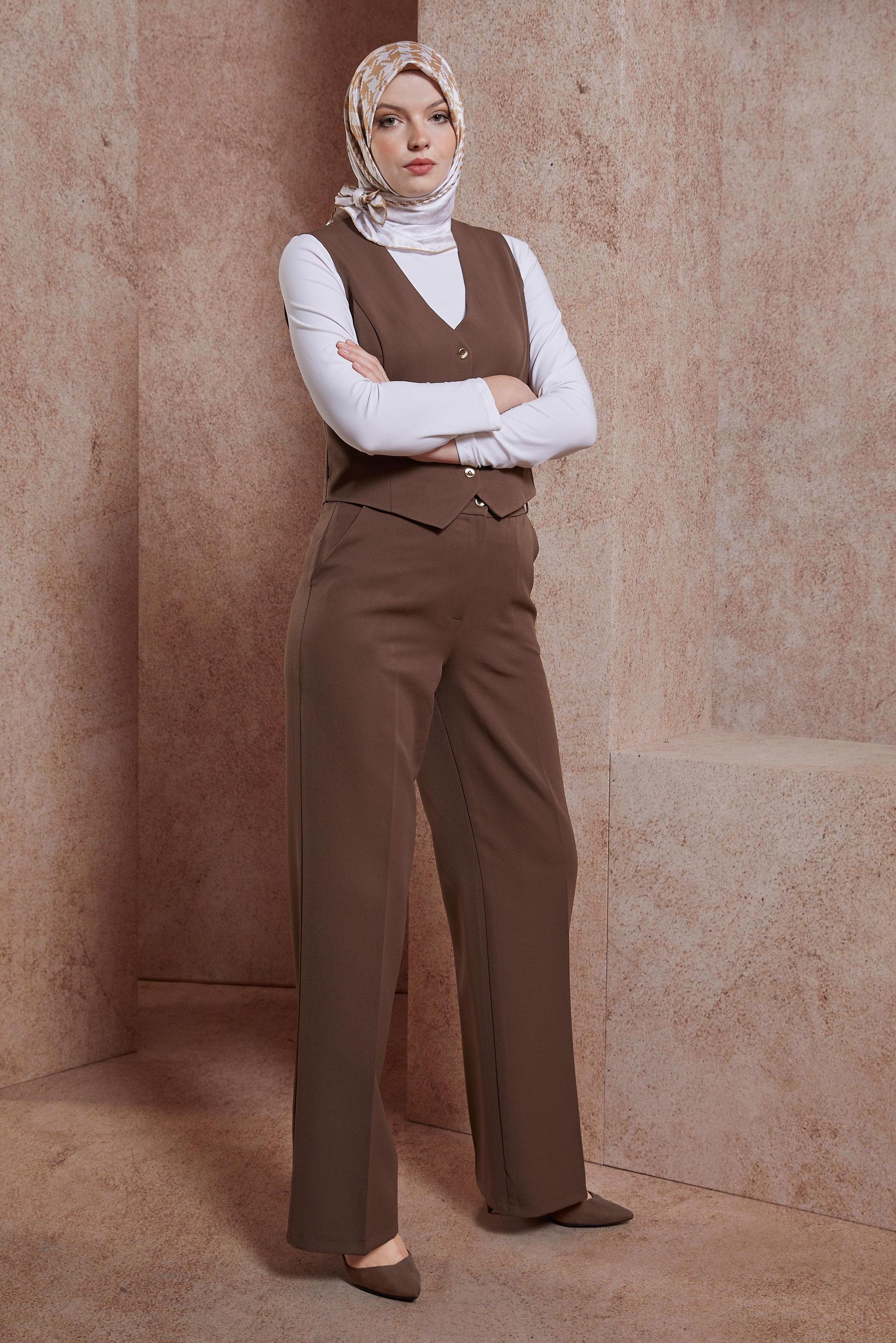 Tesettür giyim VİZON YELEKLİ PANTOLONLU TAKIM 44455