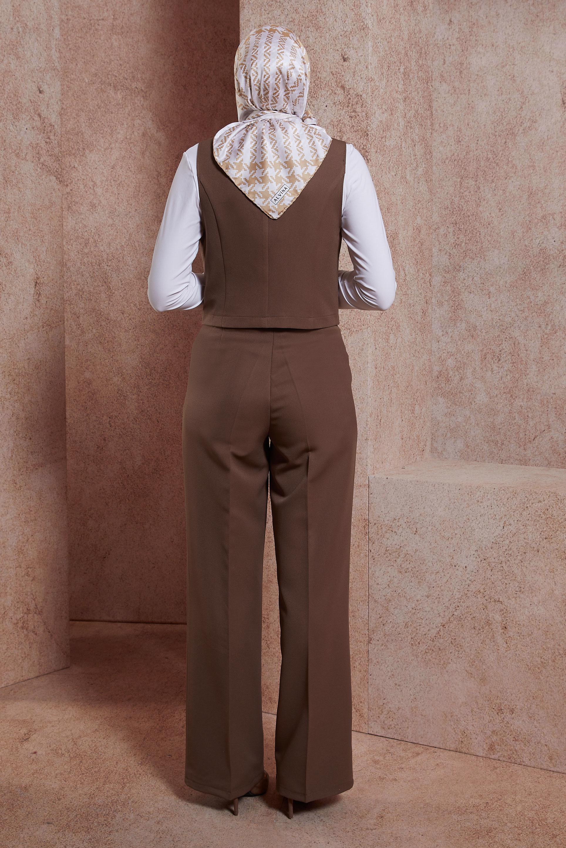 Tesettür giyim VİZON YELEKLİ PANTOLONLU TAKIM 44455