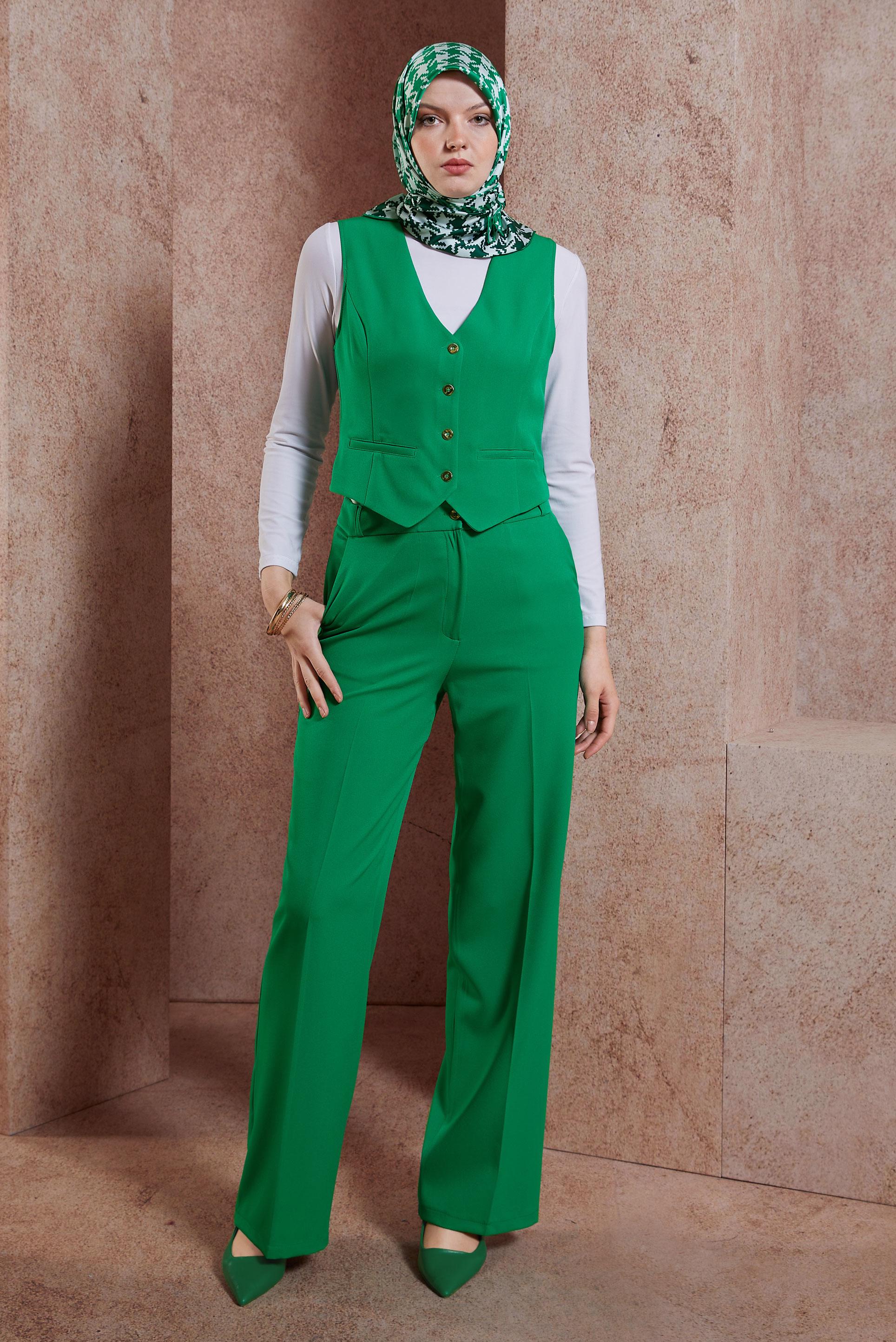 Tesettür giyim YEŞİL YELEKLİ PANTOLONLU TAKIM 44455