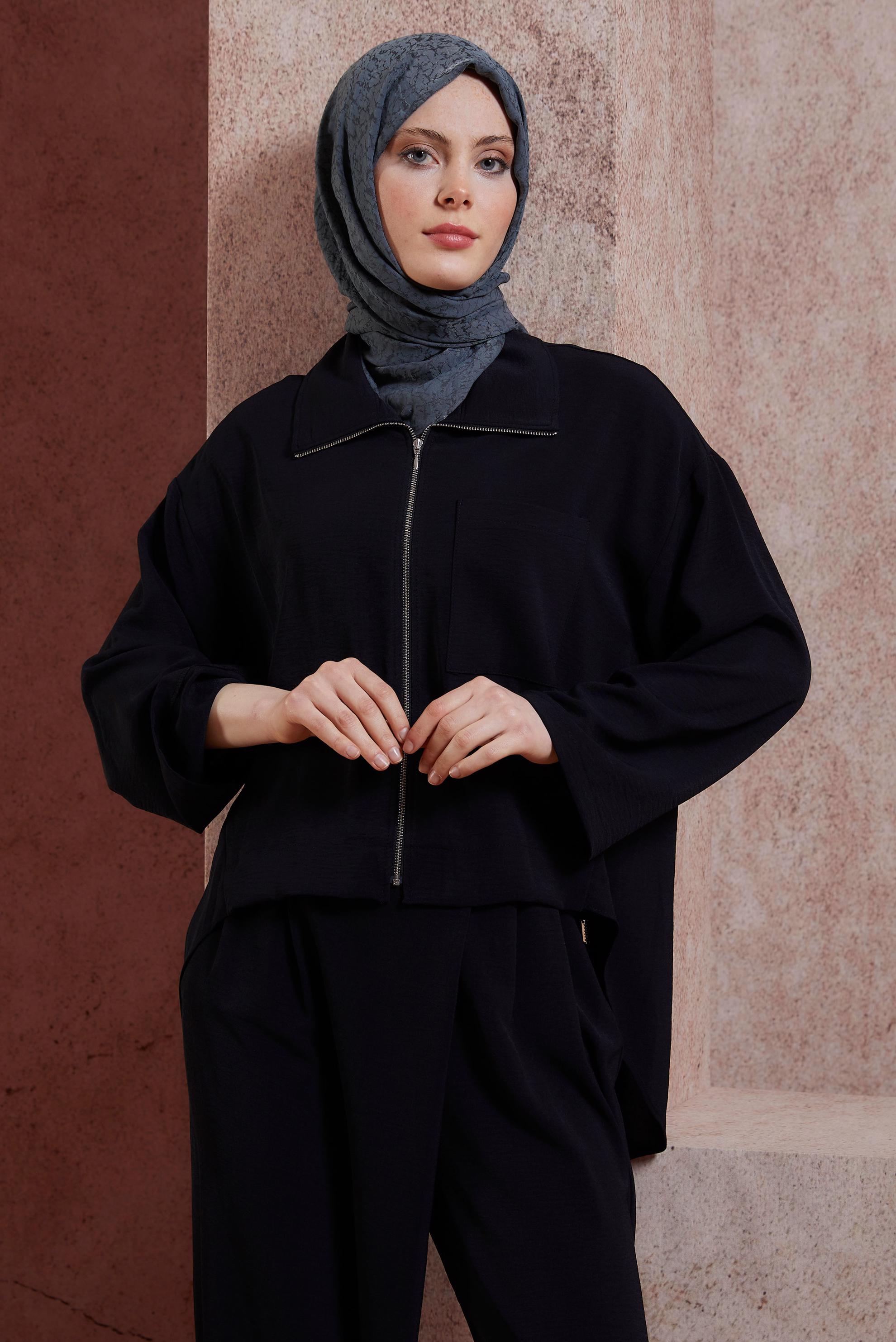 Tesettür giyim SİYAH FERMUARLI PANTOLONLU TAKIM 44461