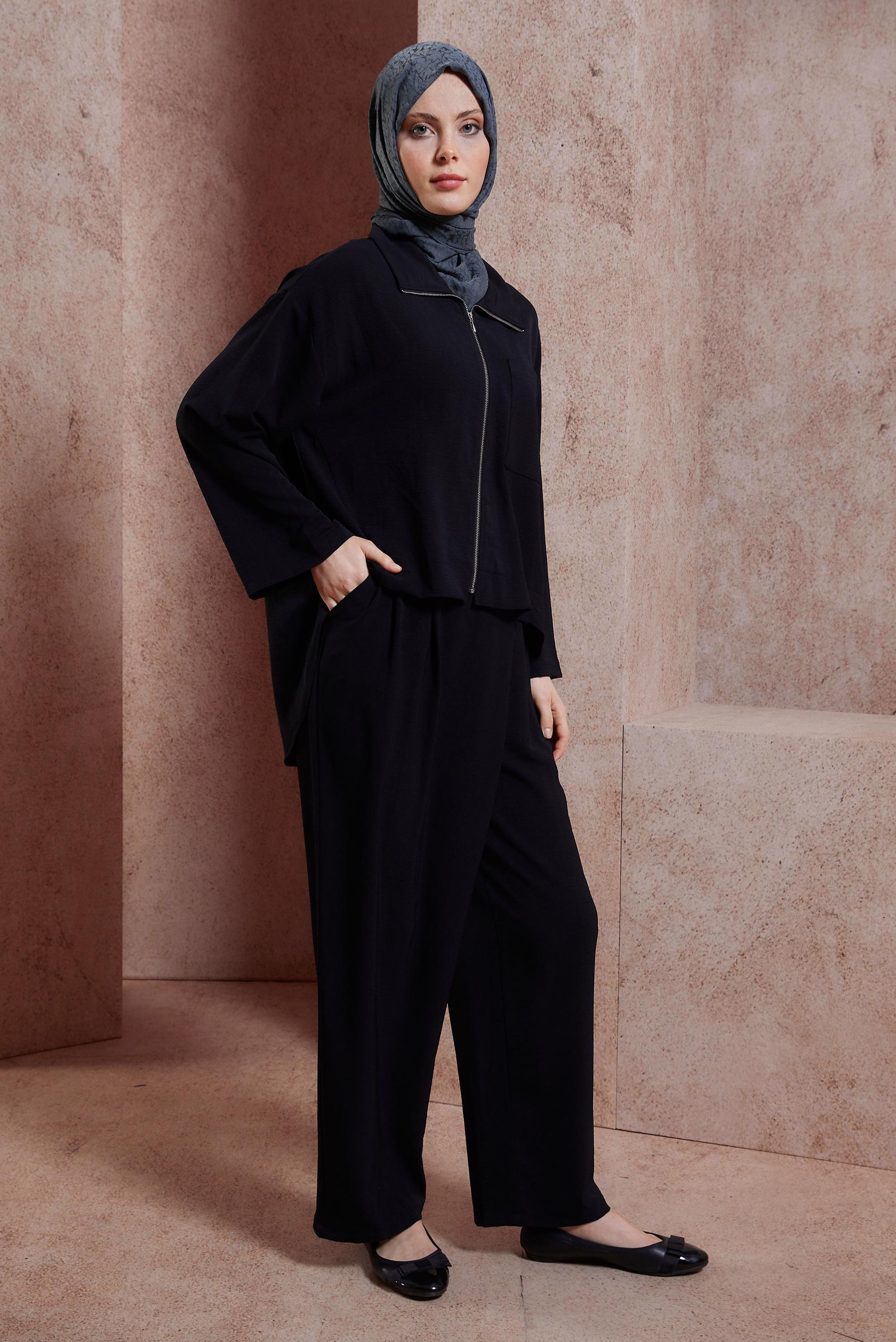 Tesettür giyim SİYAH FERMUARLI PANTOLONLU TAKIM 44461