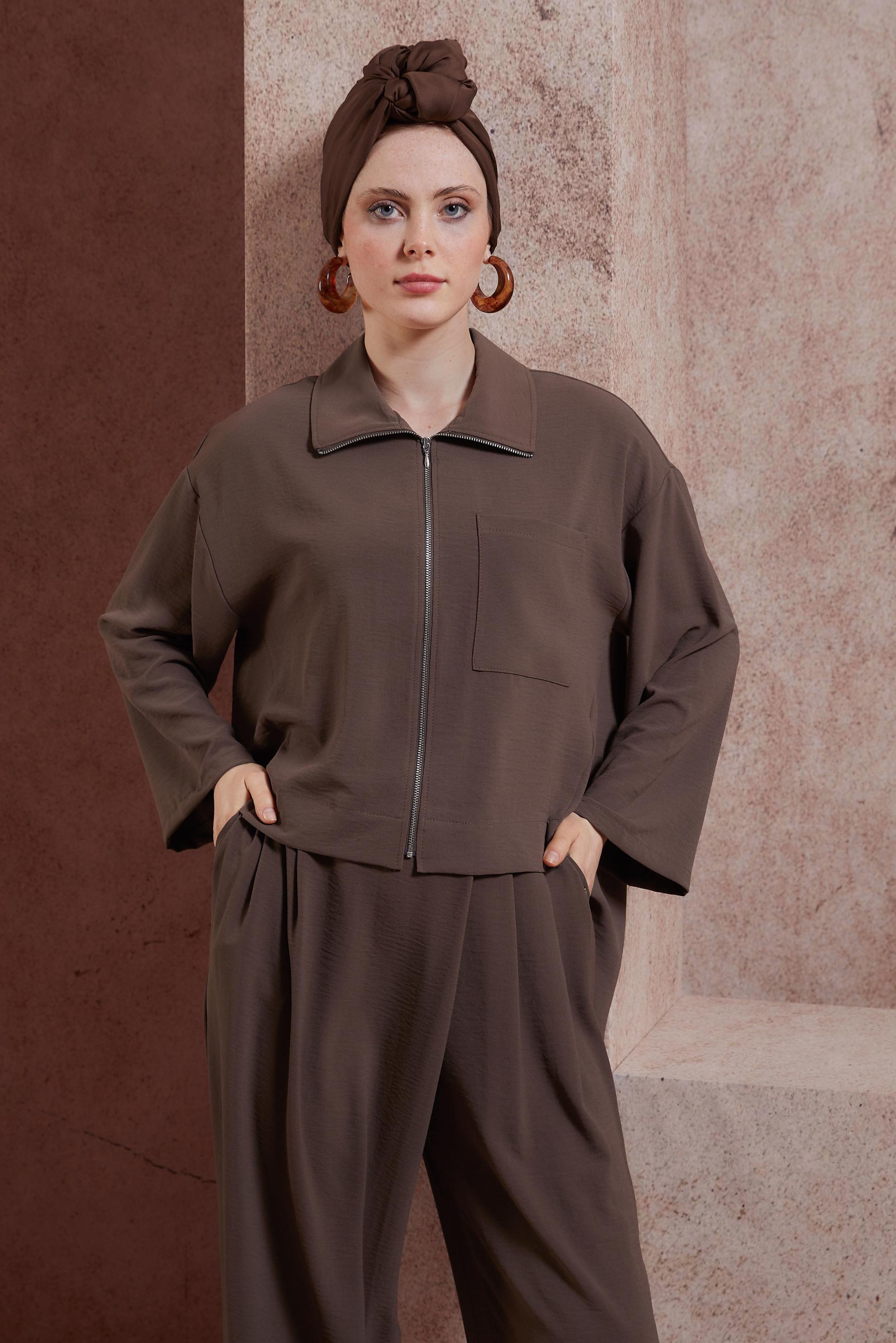 Tesettür giyim KAHVE FERMUARLI PANTOLONLU TAKIM 44461