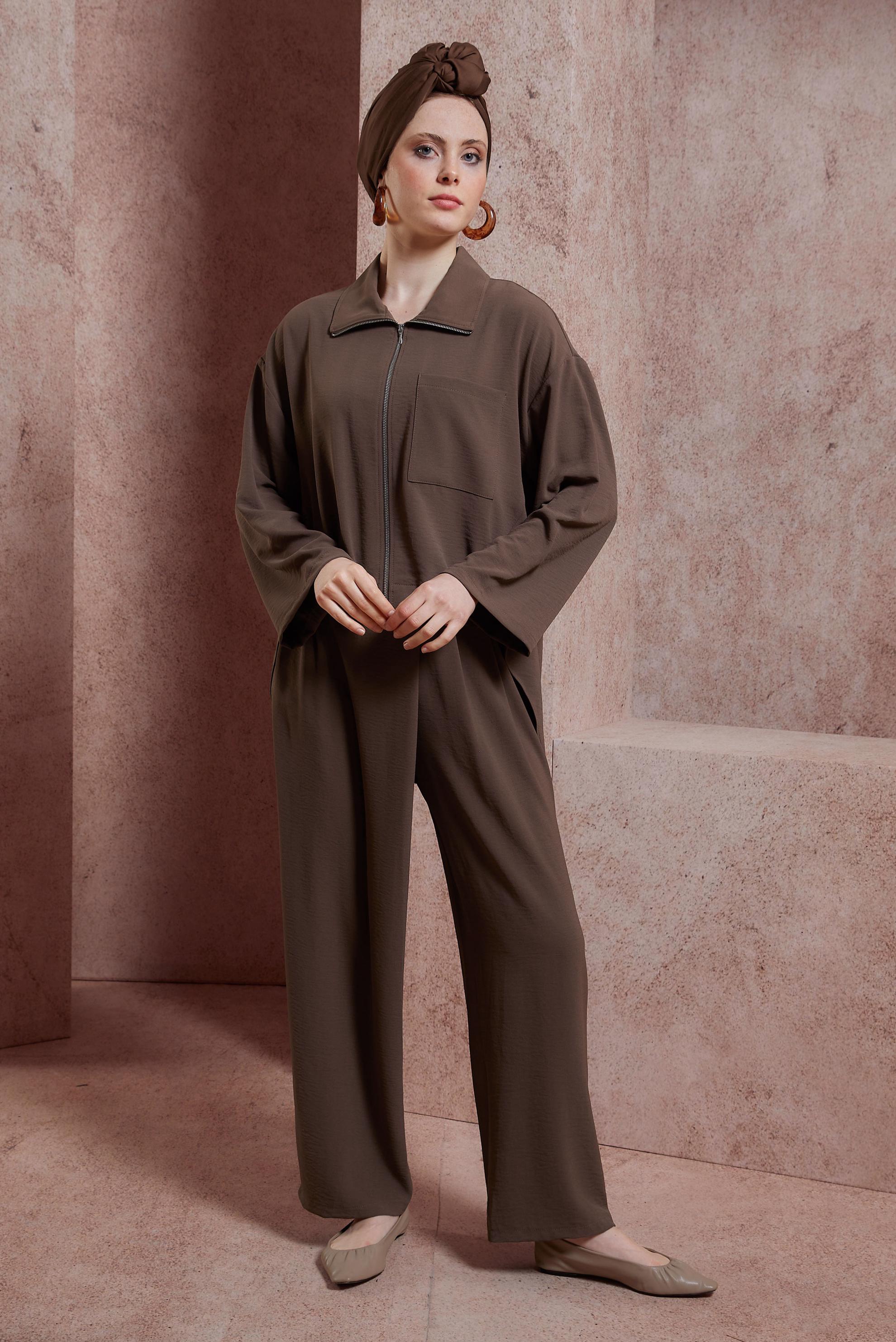 Tesettür giyim KAHVE FERMUARLI PANTOLONLU TAKIM 44461