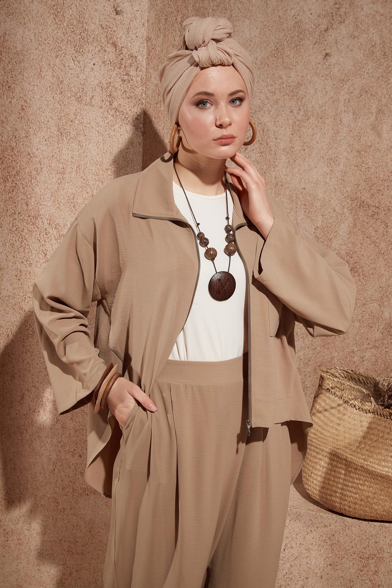 Tesettür giyim TABA FERMUARLI PANTOLONLU TAKIM 44461