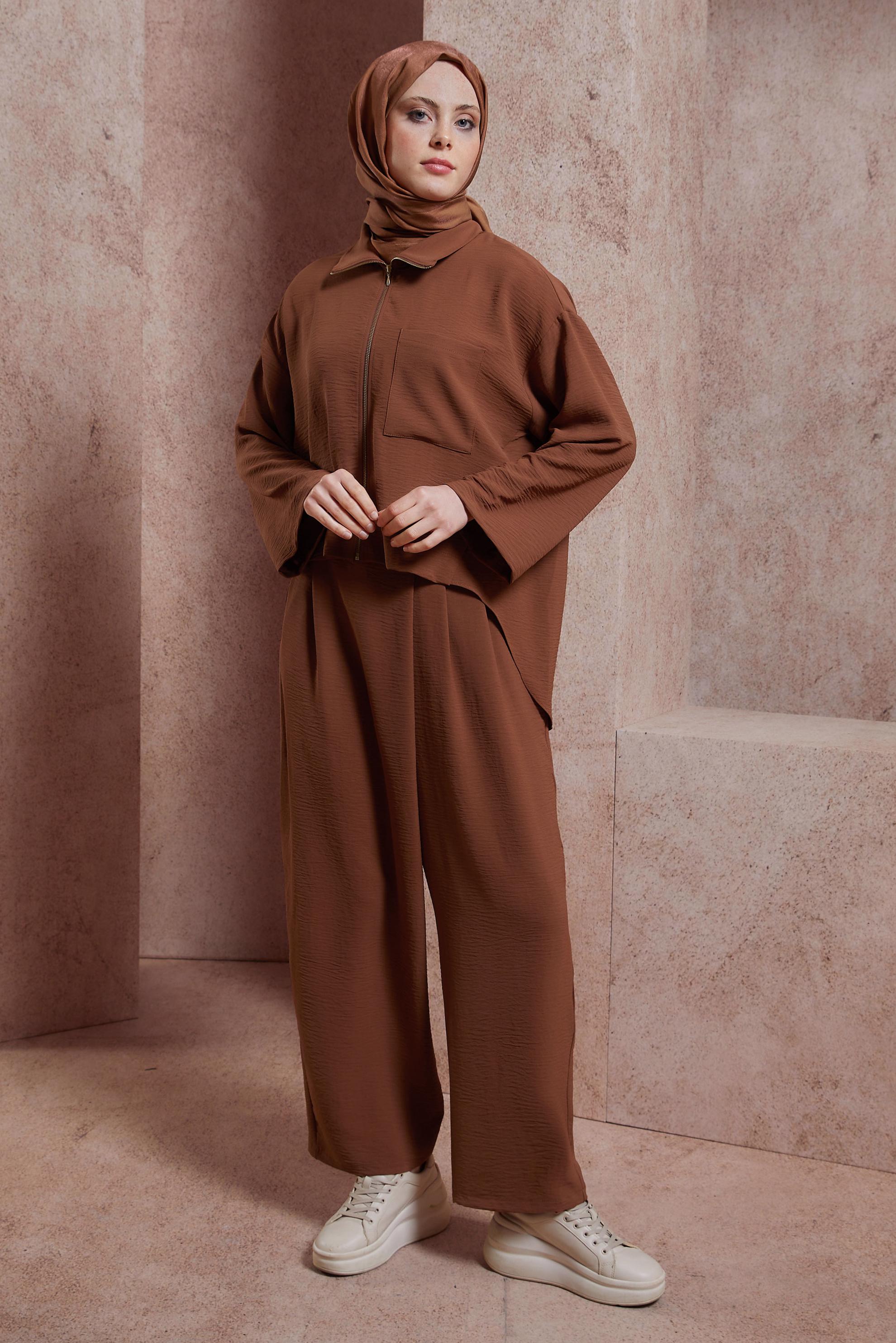 Tesettür giyim TABA FERMUARLI PANTOLONLU TAKIM 44461