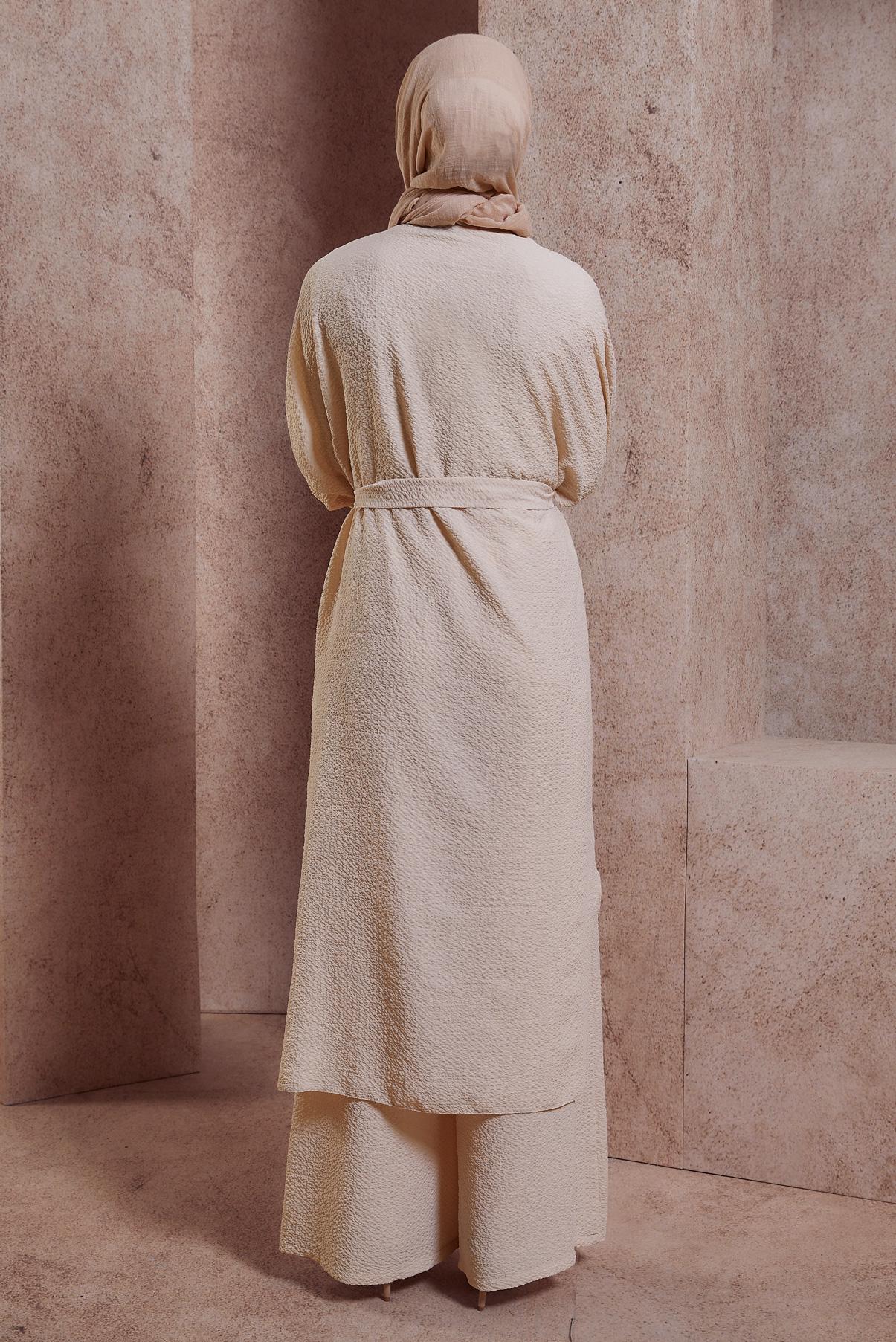 Tesettür giyim BEJ BROŞ DETAYLI PANTOLONLU TAKIM 44462