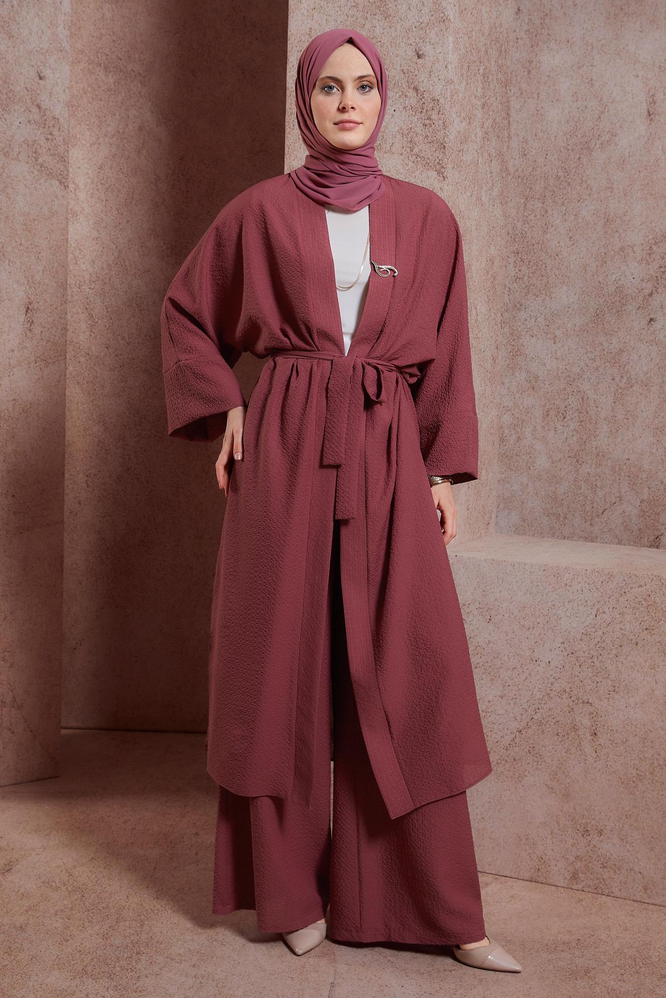 Tesettür giyim PEMBE BROŞ DETAYLI PANTOLONLU TAKIM 44462