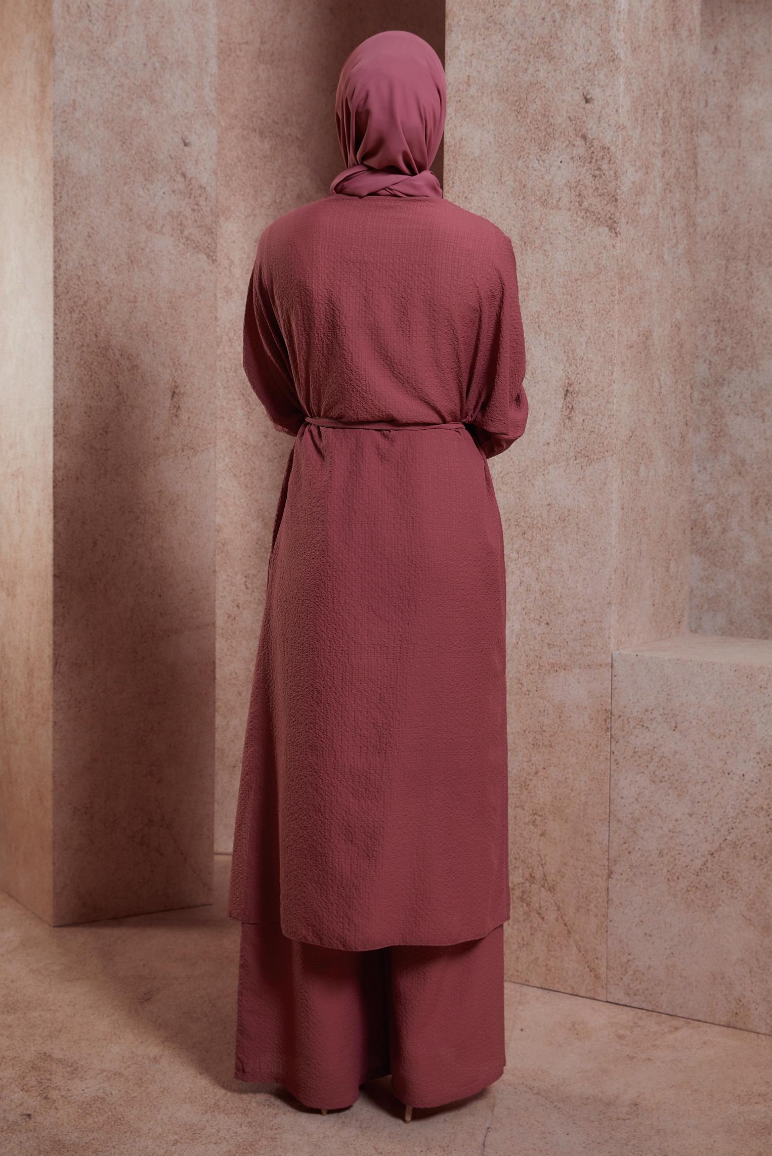 Tesettür giyim PEMBE BROŞ DETAYLI PANTOLONLU TAKIM 44462