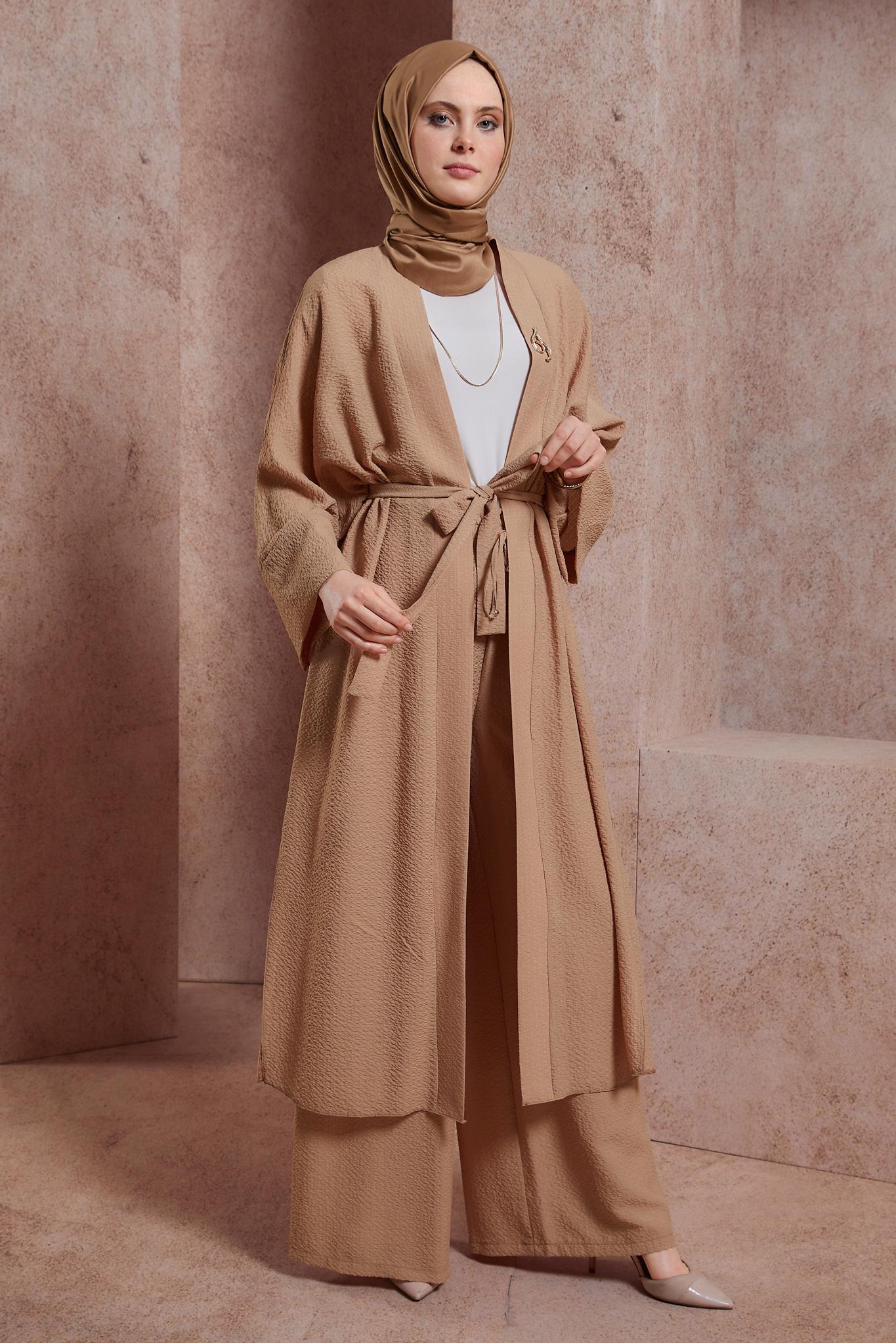 Tesettür giyim KAHVE BROŞ DETAYLI PANTOLONLU TAKIM 44462