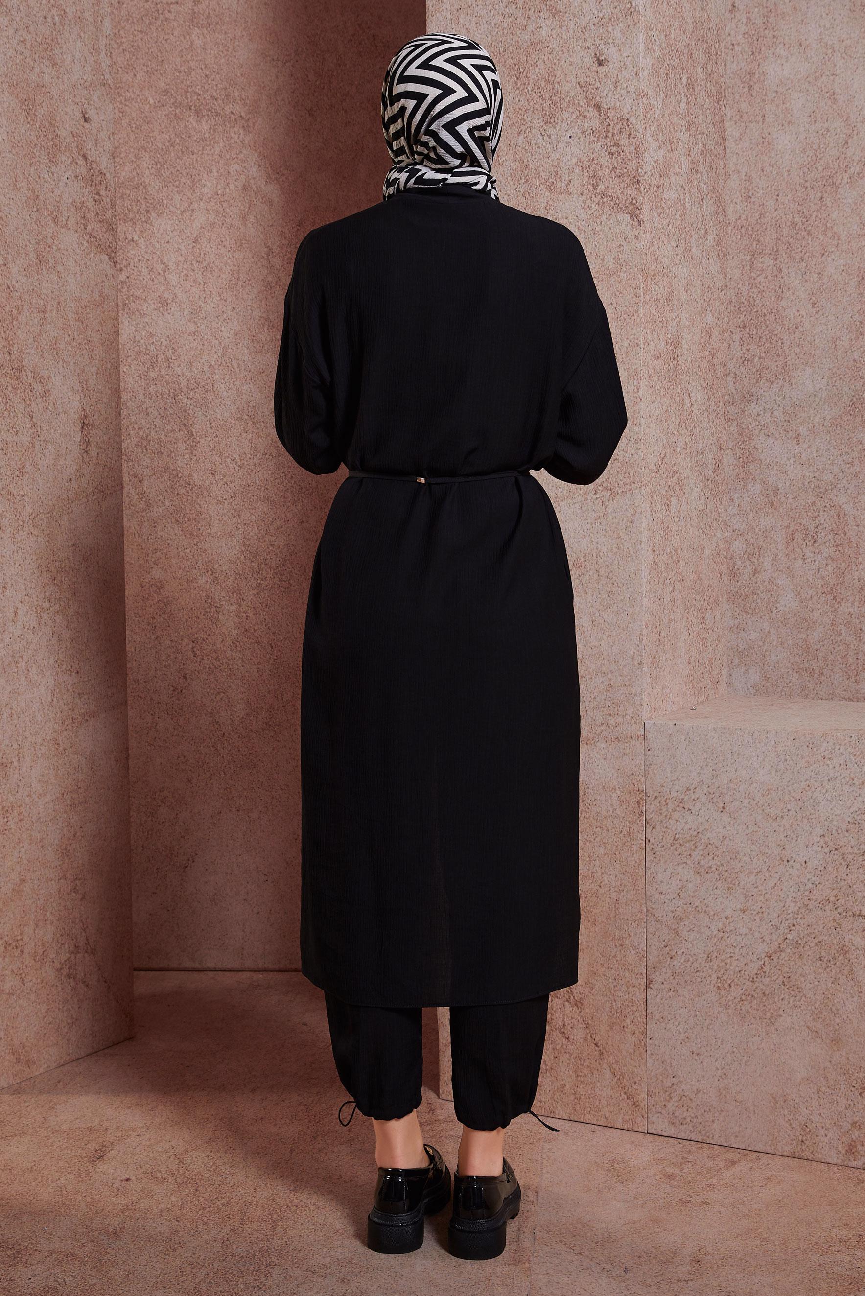 Tesettür giyim SİYAH BAĞCIKLI PANTOLONLU TAKIM 44463