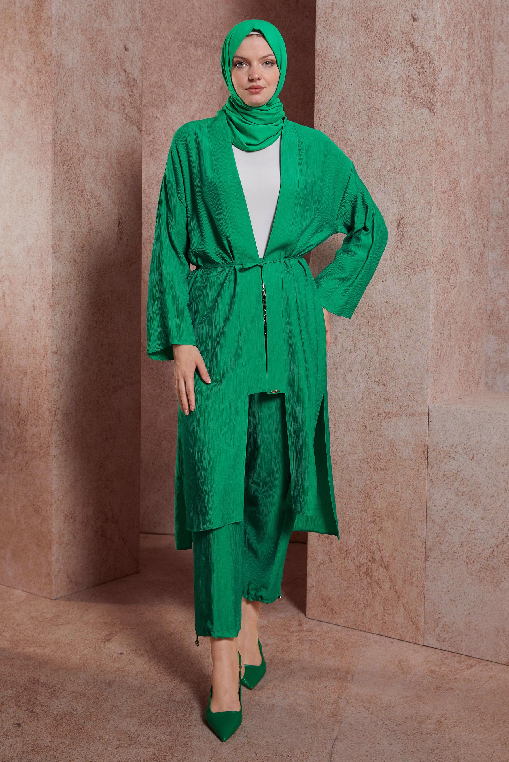 Tesettür giyim YEŞİL BAĞCIKLI PANTOLONLU TAKIM 44463