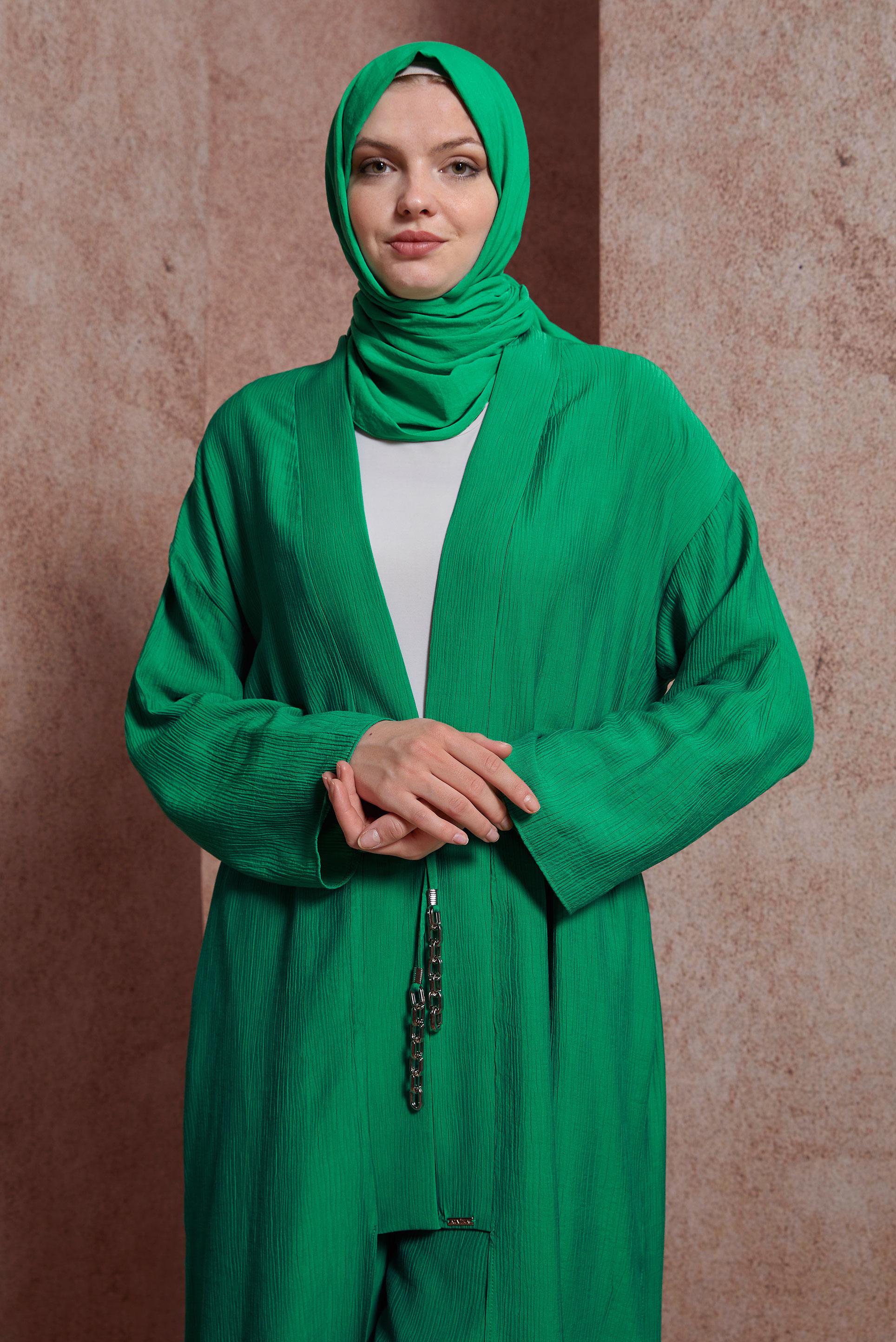 Tesettür giyim YEŞİL BAĞCIKLI PANTOLONLU TAKIM 44463