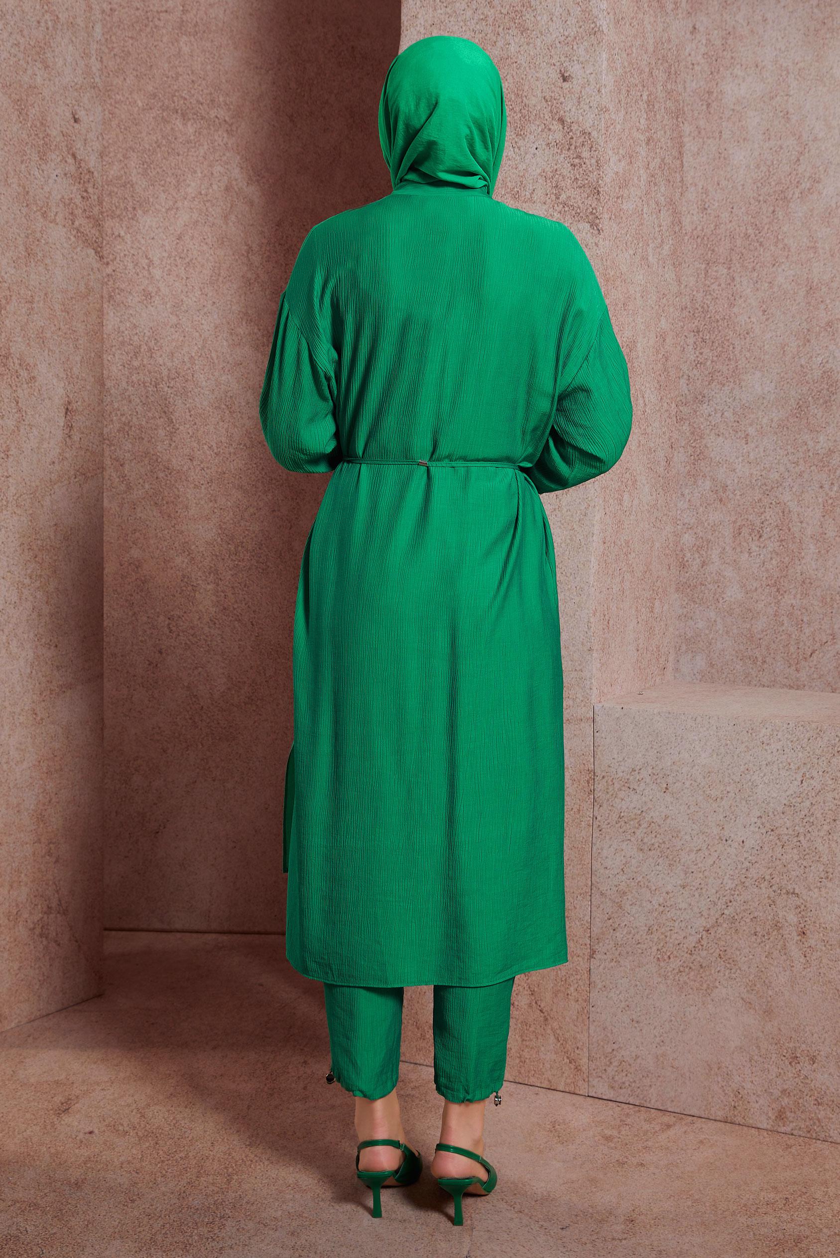 Tesettür giyim YEŞİL BAĞCIKLI PANTOLONLU TAKIM 44463