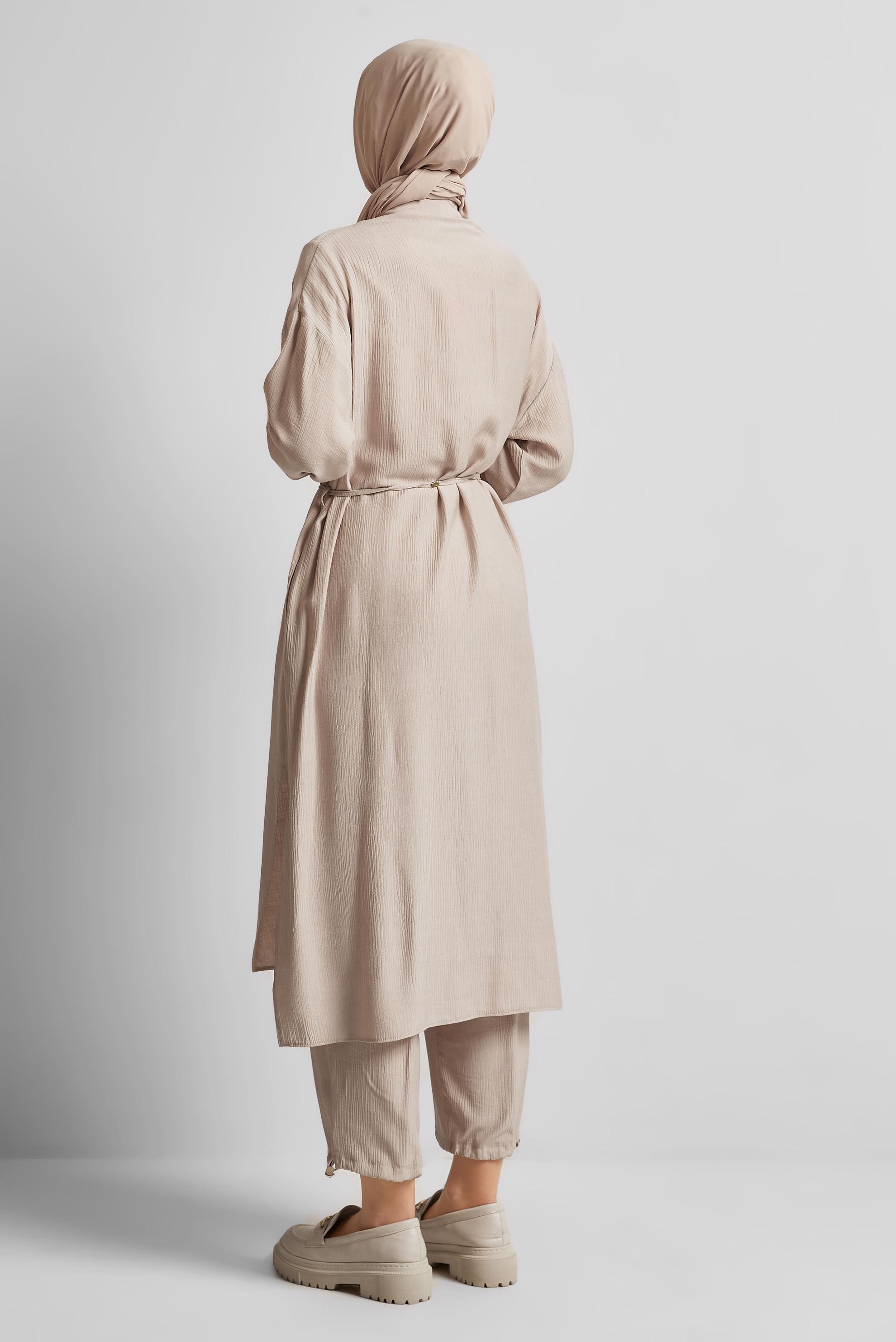 Tesettür giyim BEJ BAĞCIKLI PANTOLONLU TAKIM 44463