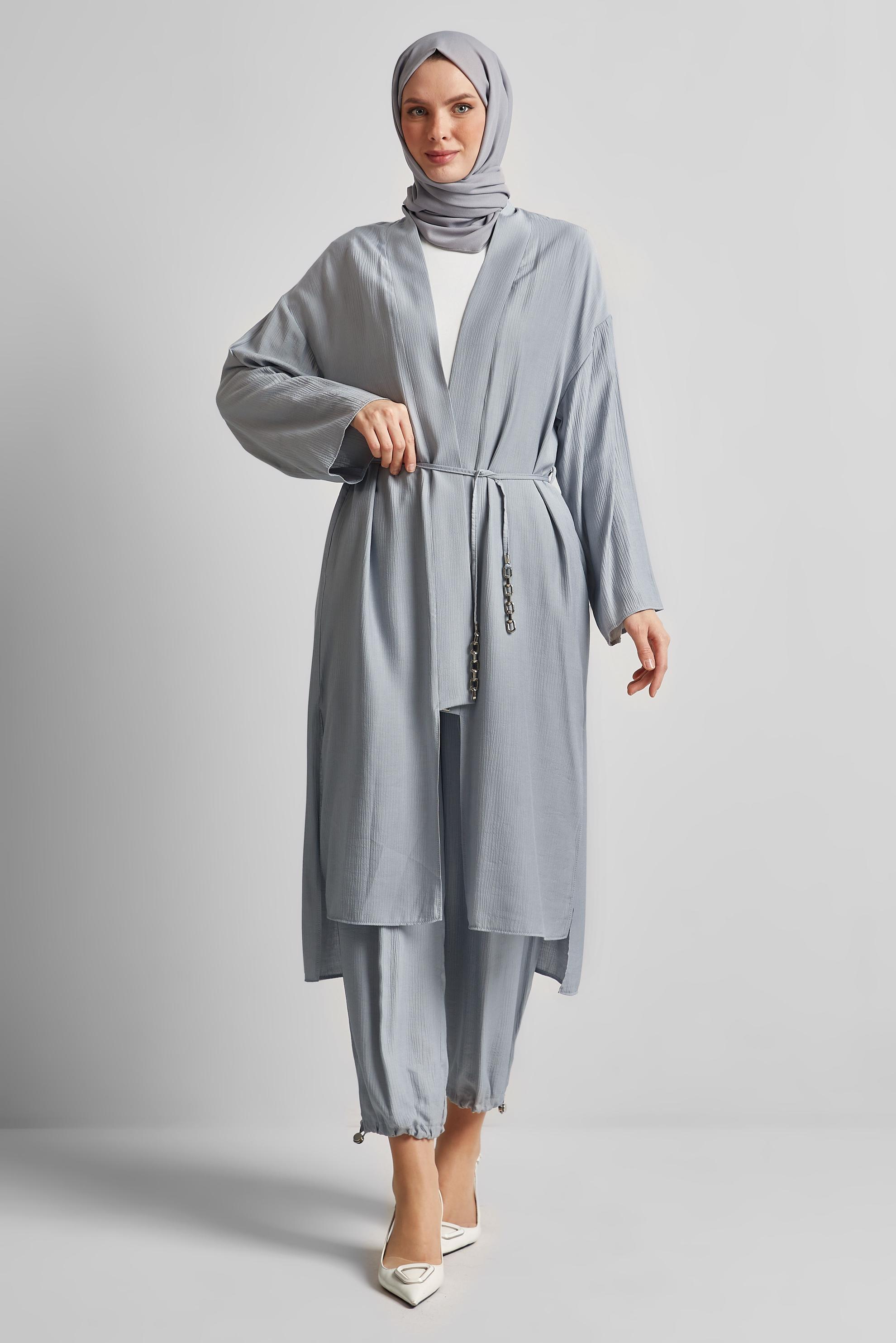 Tesettür giyim GRİ BAĞCIKLI PANTOLONLU TAKIM 44463