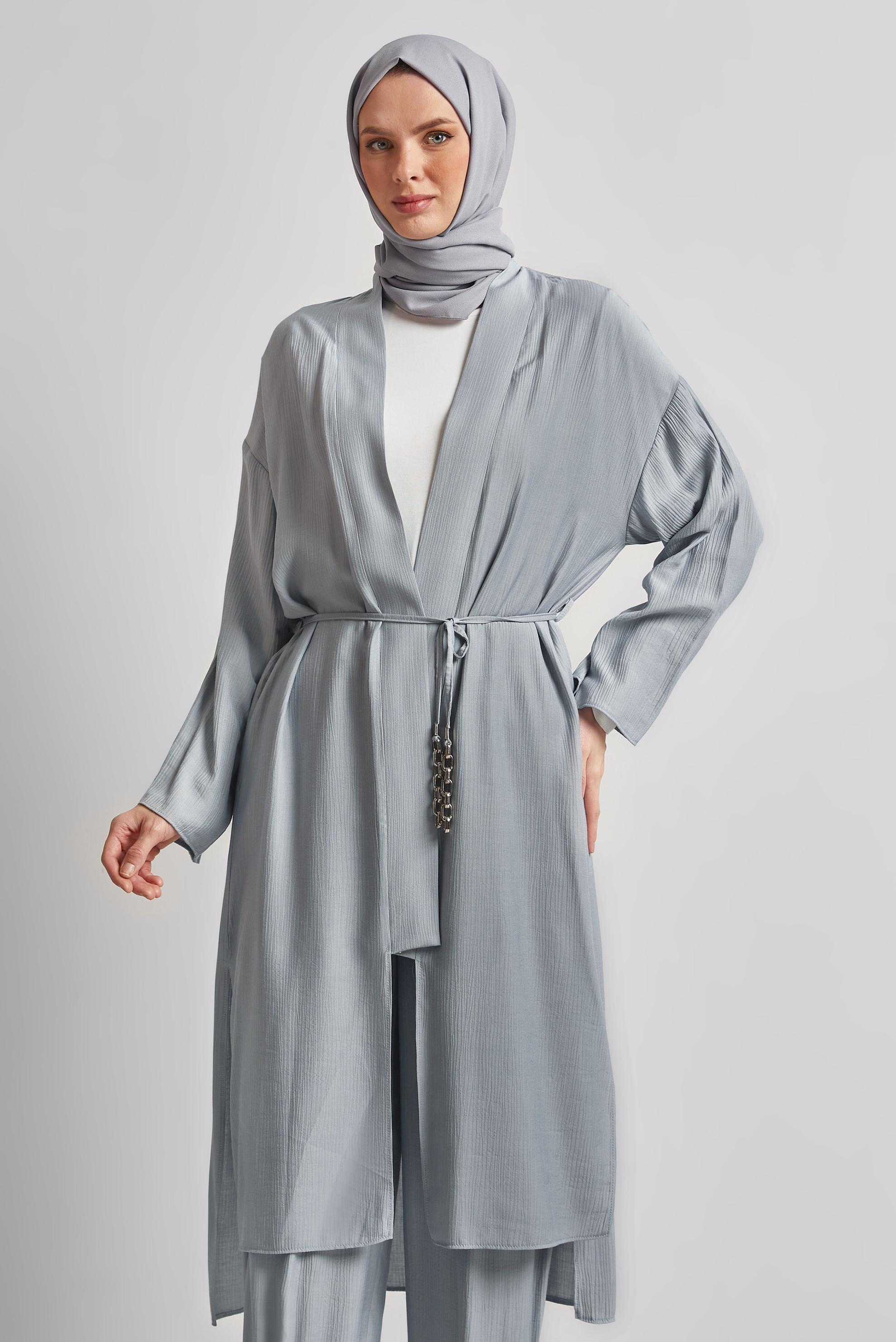 Tesettür giyim GRİ BAĞCIKLI PANTOLONLU TAKIM 44463