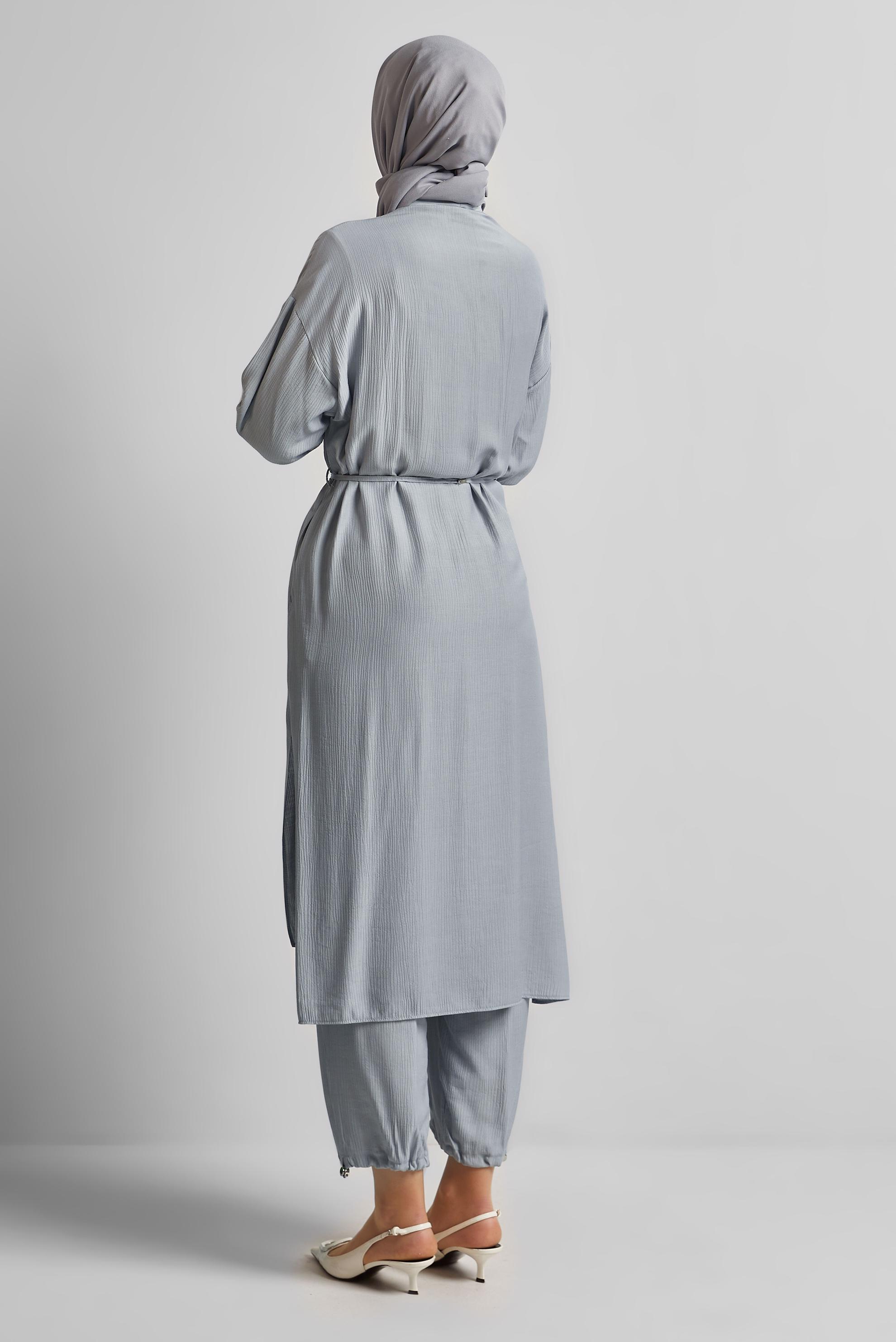 Tesettür giyim GRİ BAĞCIKLI PANTOLONLU TAKIM 44463