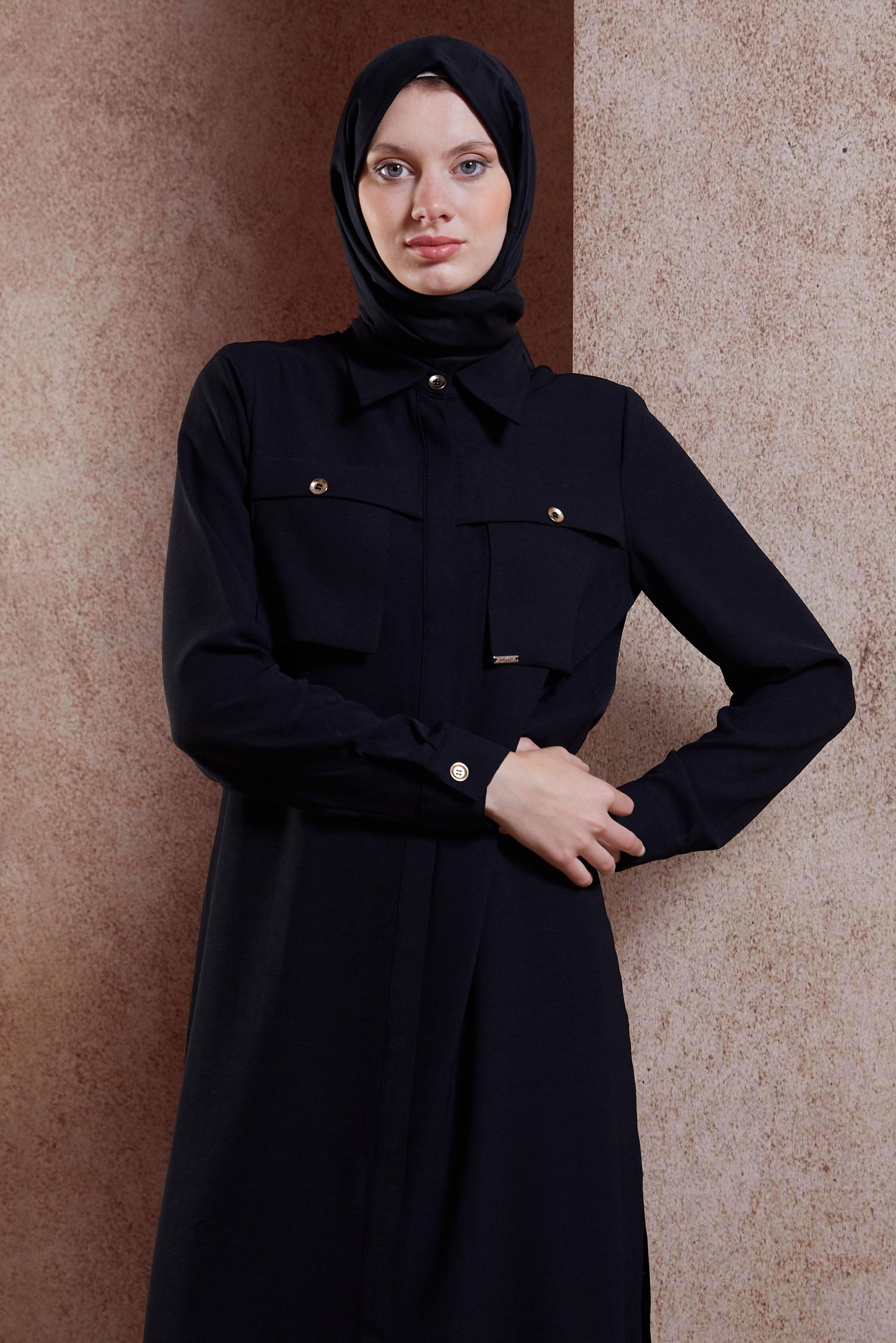 Tesettür giyim SİYAH KETEN DOKULU PANTOLONLU TAKIM 44464	