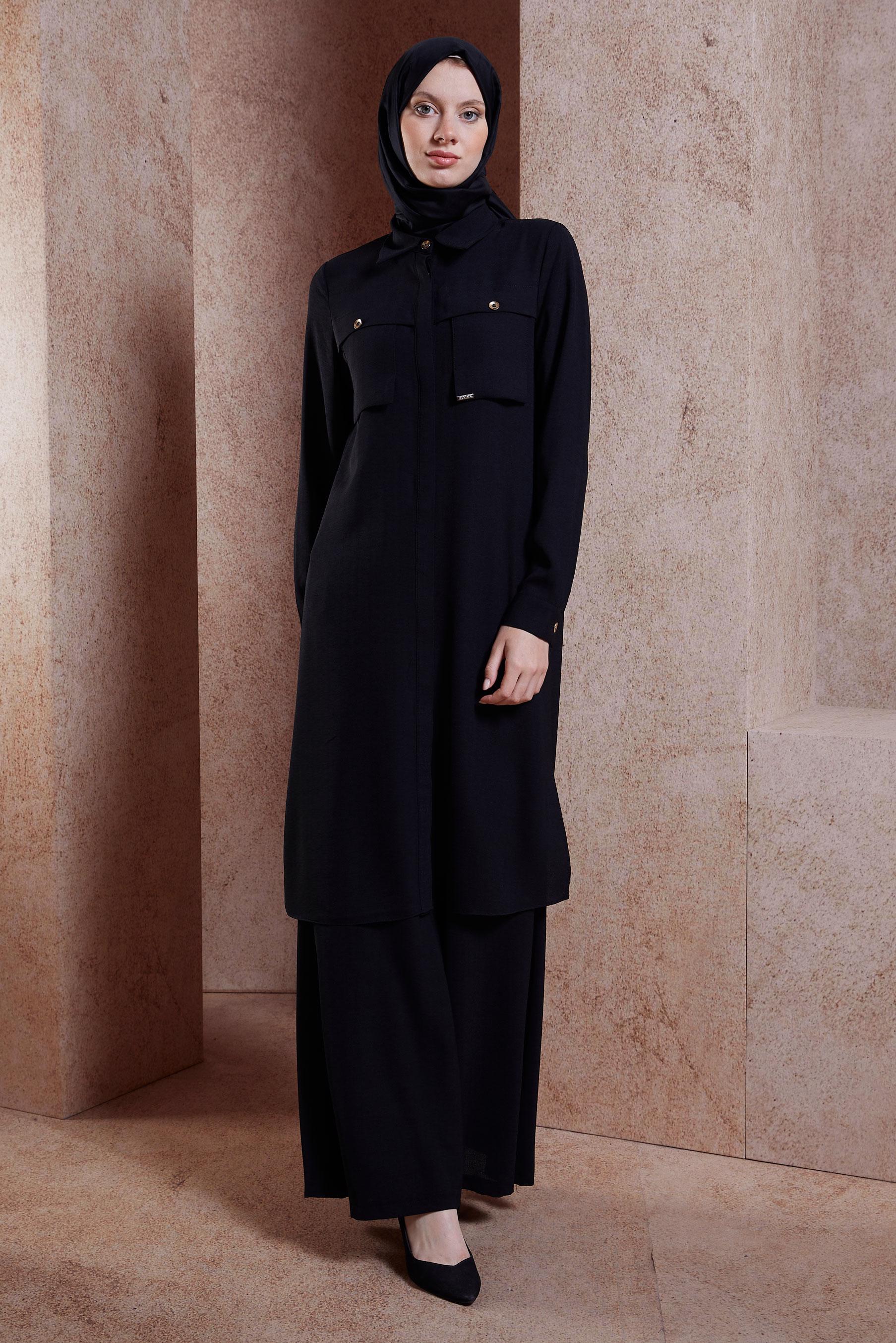 Tesettür giyim SİYAH KETEN DOKULU PANTOLONLU TAKIM 44464	