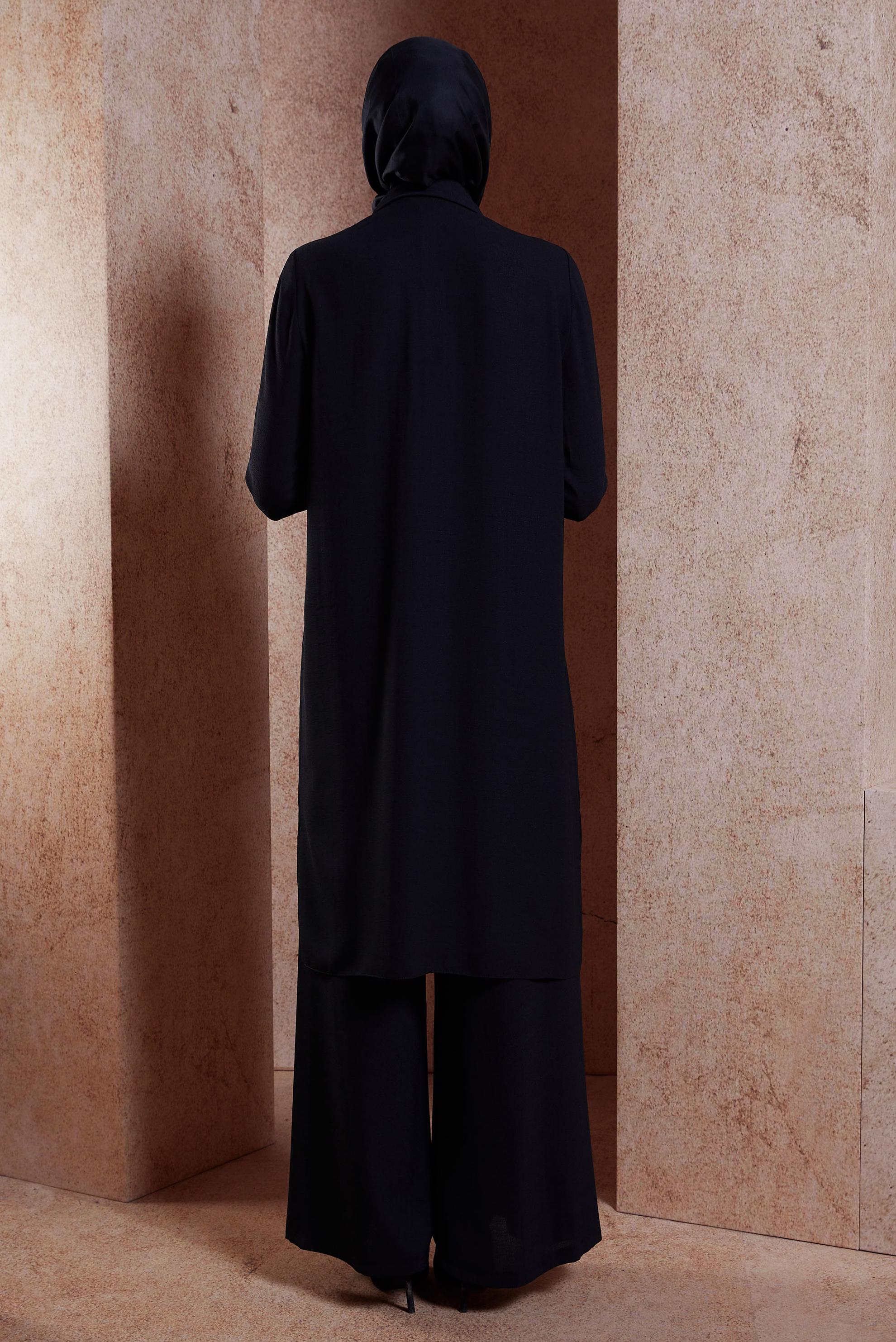 Tesettür giyim SİYAH KETEN DOKULU PANTOLONLU TAKIM 44464	