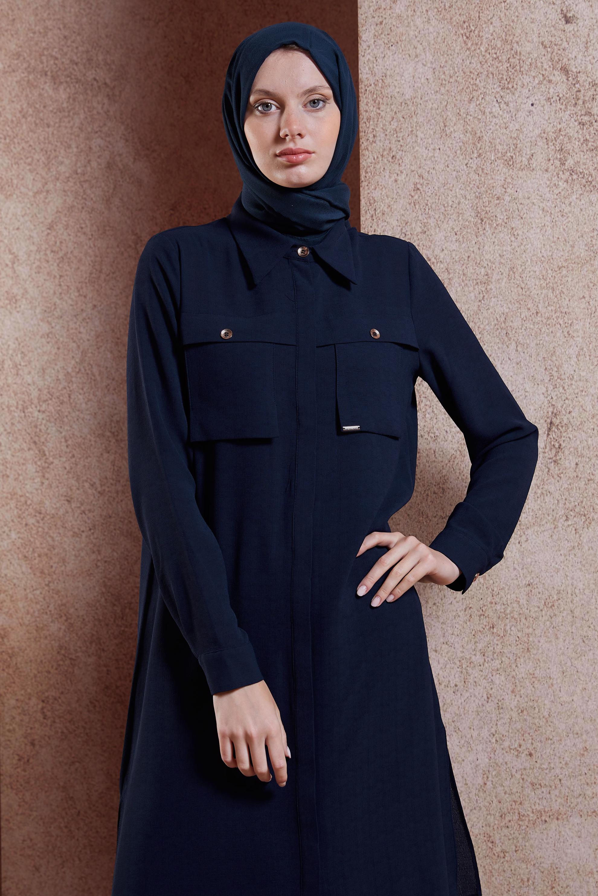 Tesettür giyim LACİVERT KETEN DOKULU PANTOLONLU TAKIM 44464	