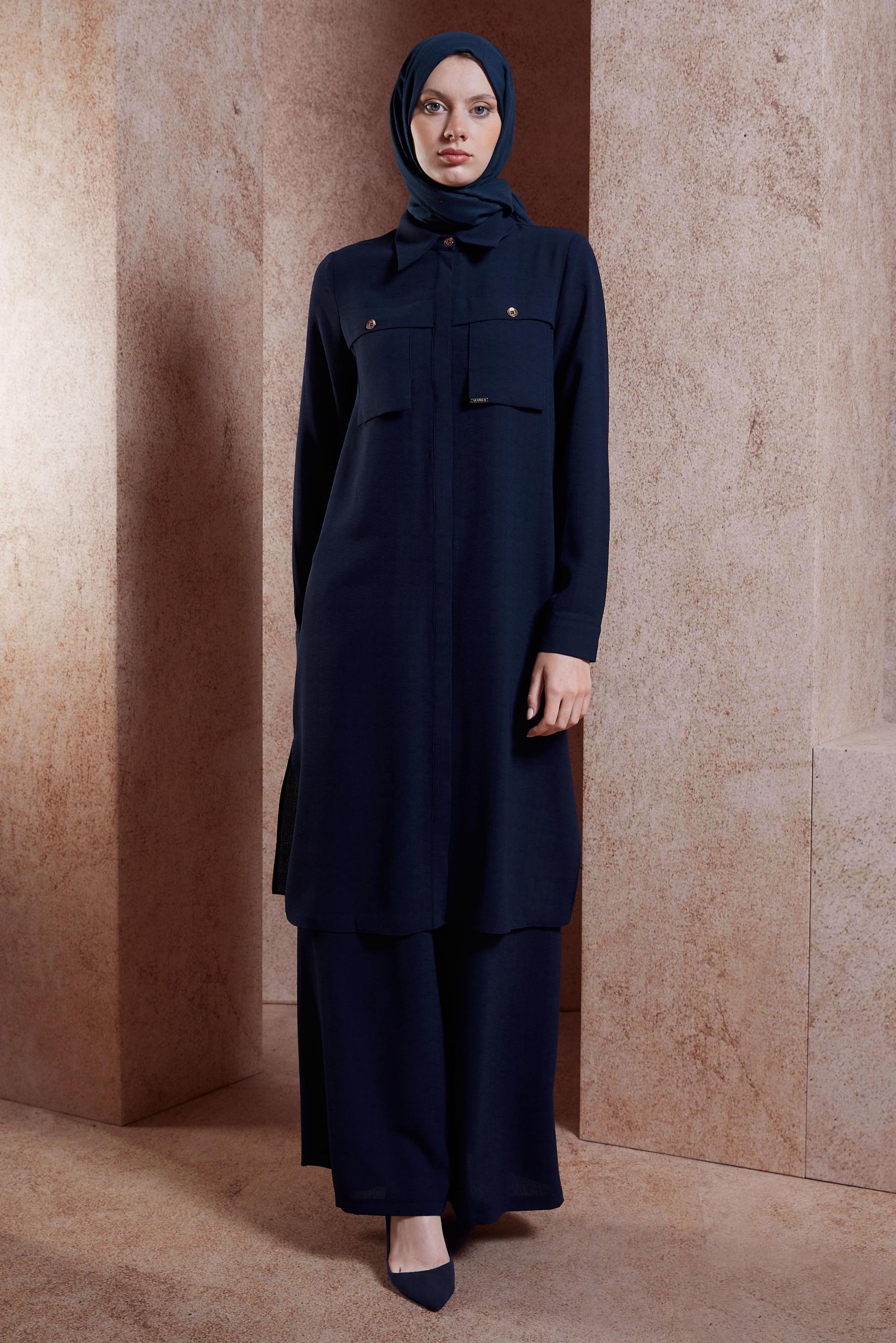 Tesettür giyim LACİVERT KETEN DOKULU PANTOLONLU TAKIM 44464	