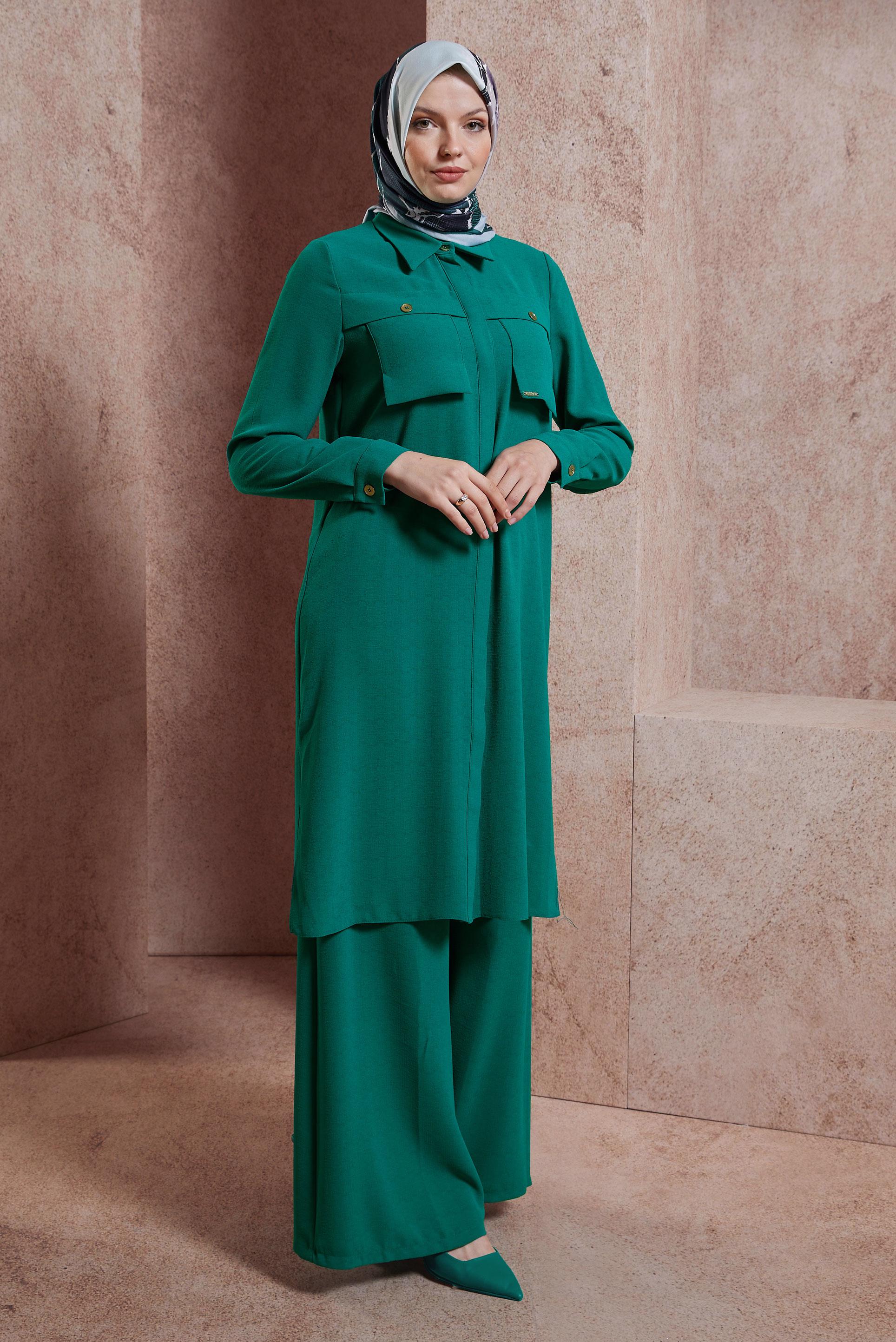Tesettür giyim YEŞİL KETEN DOKULU PANTOLONLU TAKIM 44464	