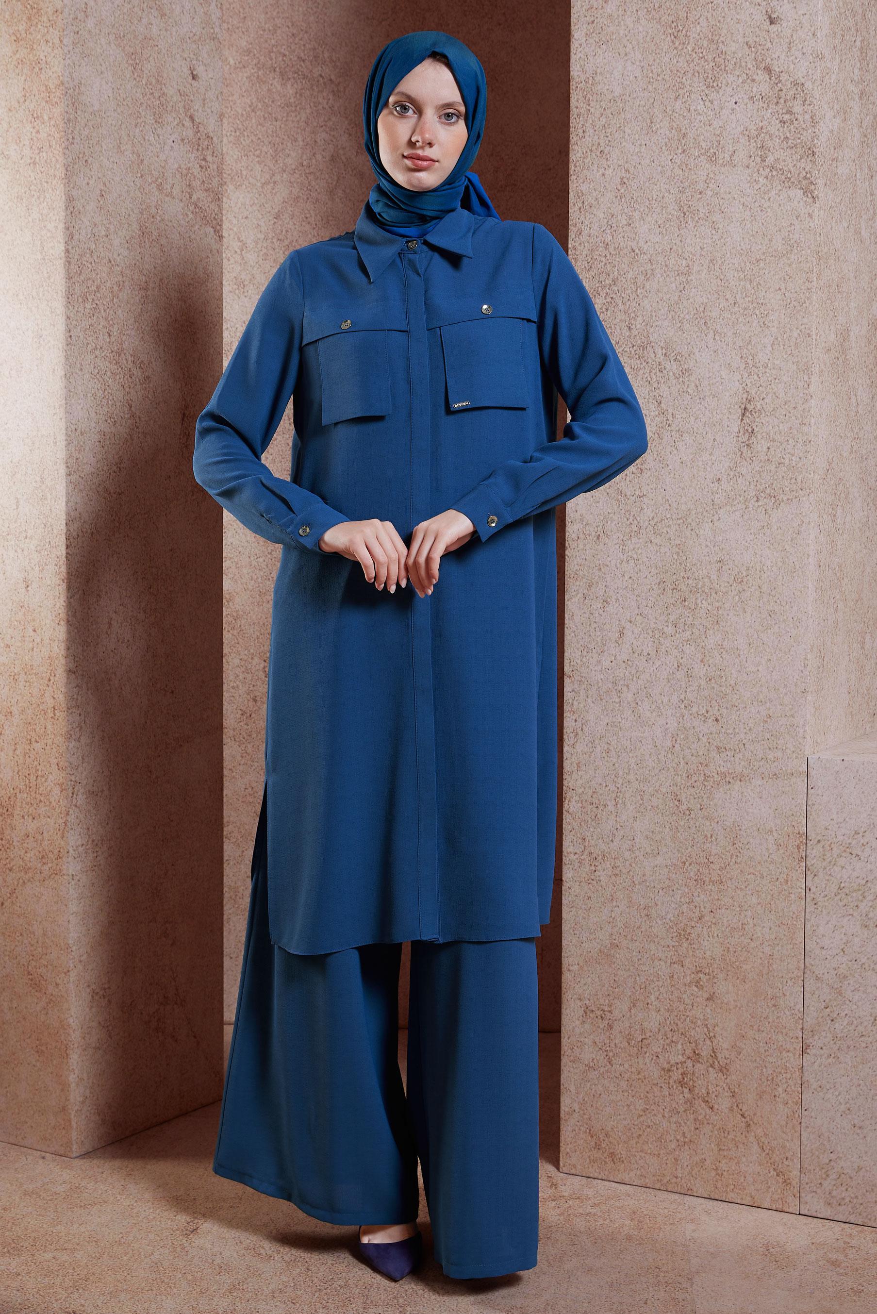 Tesettür giyim LACİVERT KETEN DOKULU PANTOLONLU TAKIM 44464	