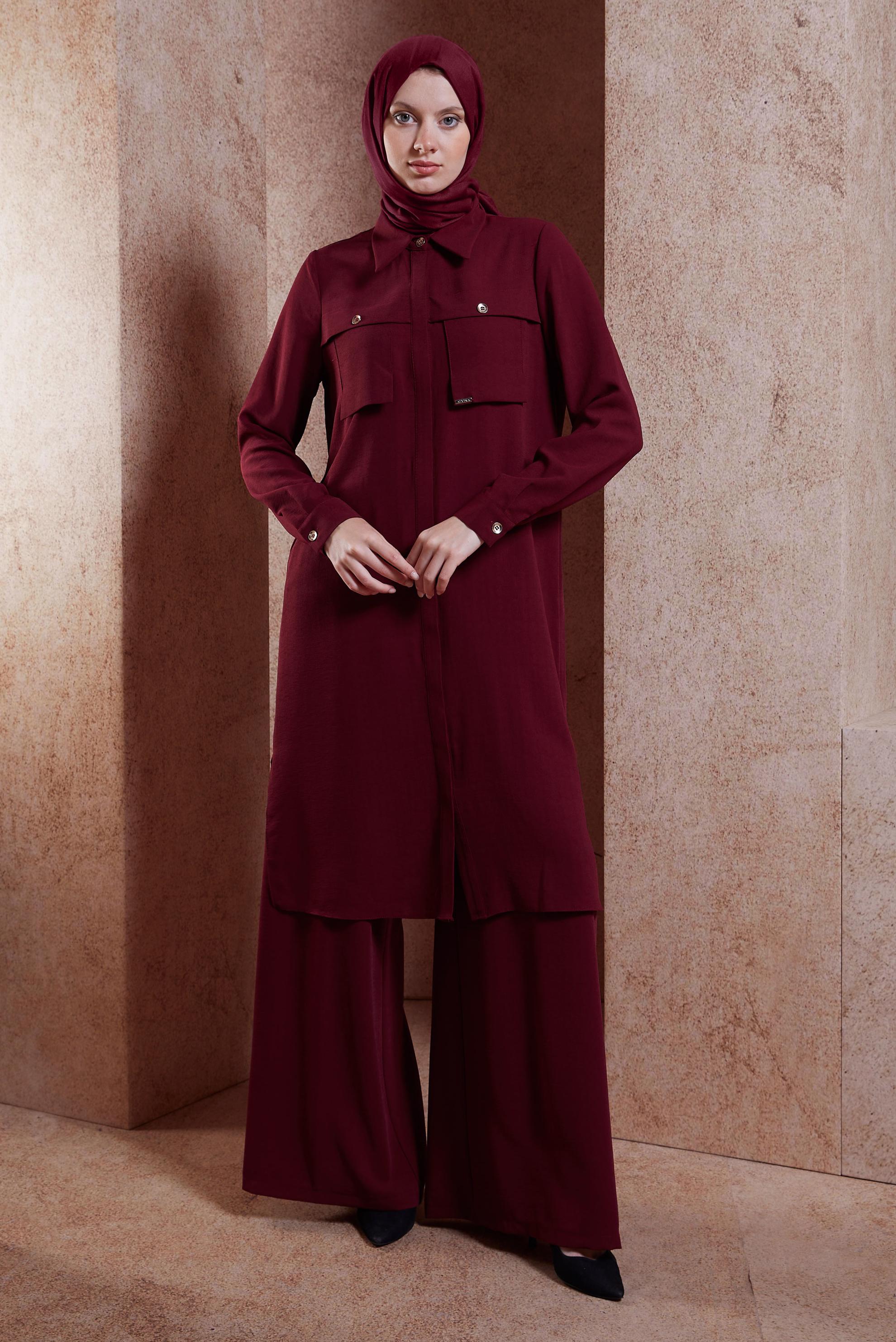 Tesettür giyim BORDO KETEN DOKULU PANTOLONLU TAKIM 44464	