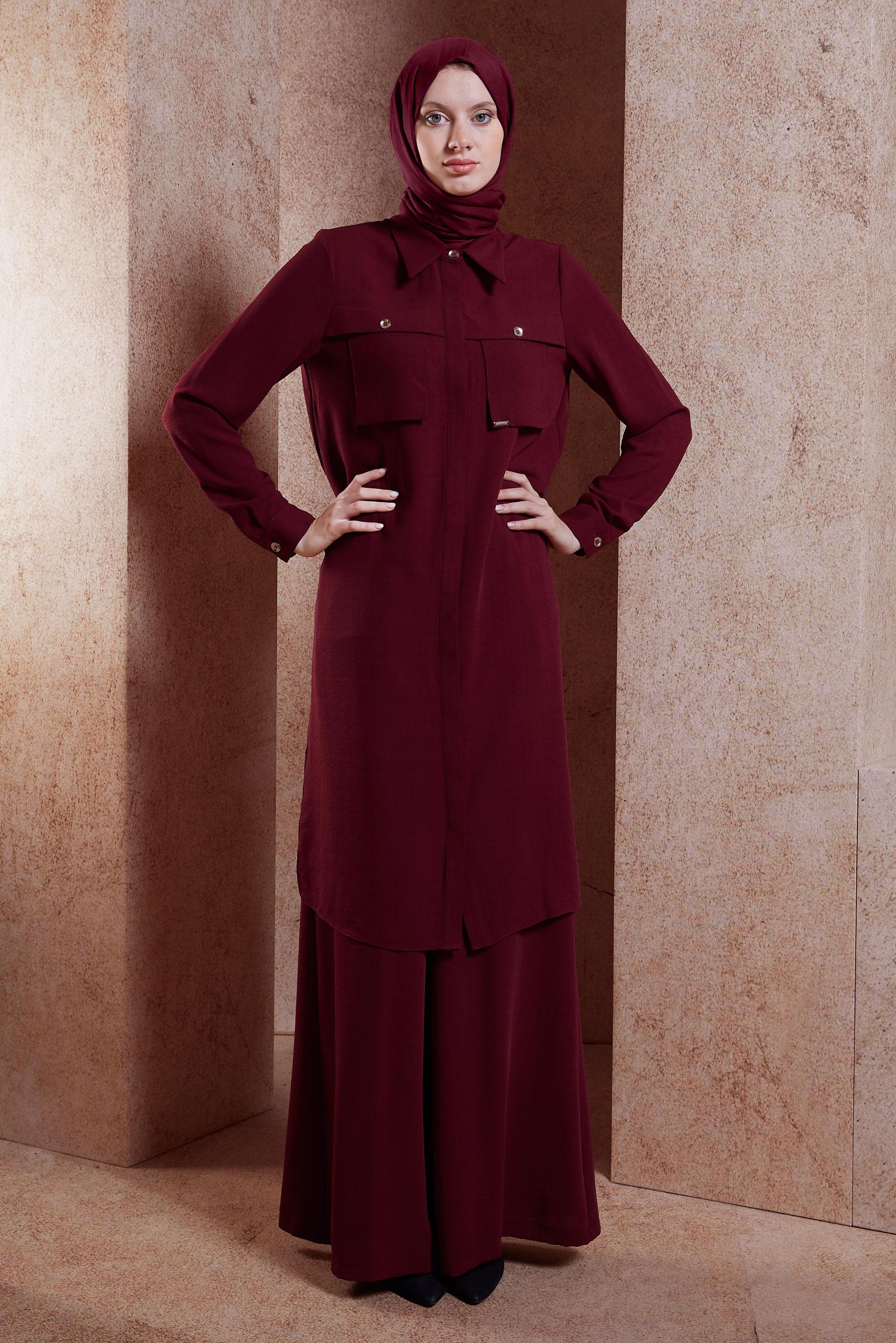 Tesettür giyim BORDO KETEN DOKULU PANTOLONLU TAKIM 44464	