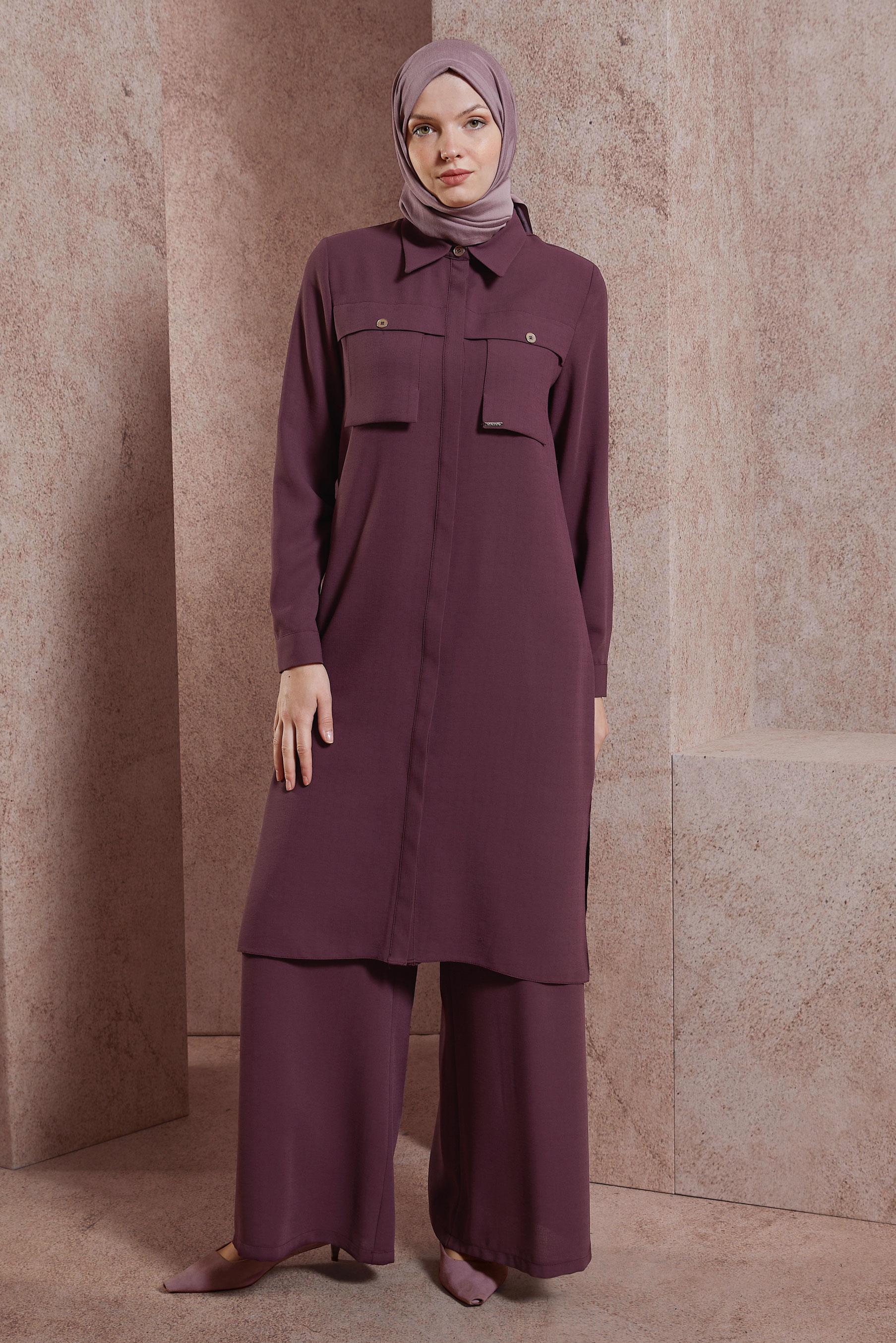 Tesettür giyim KAHVE KETEN DOKULU PANTOLONLU TAKIM 44464	