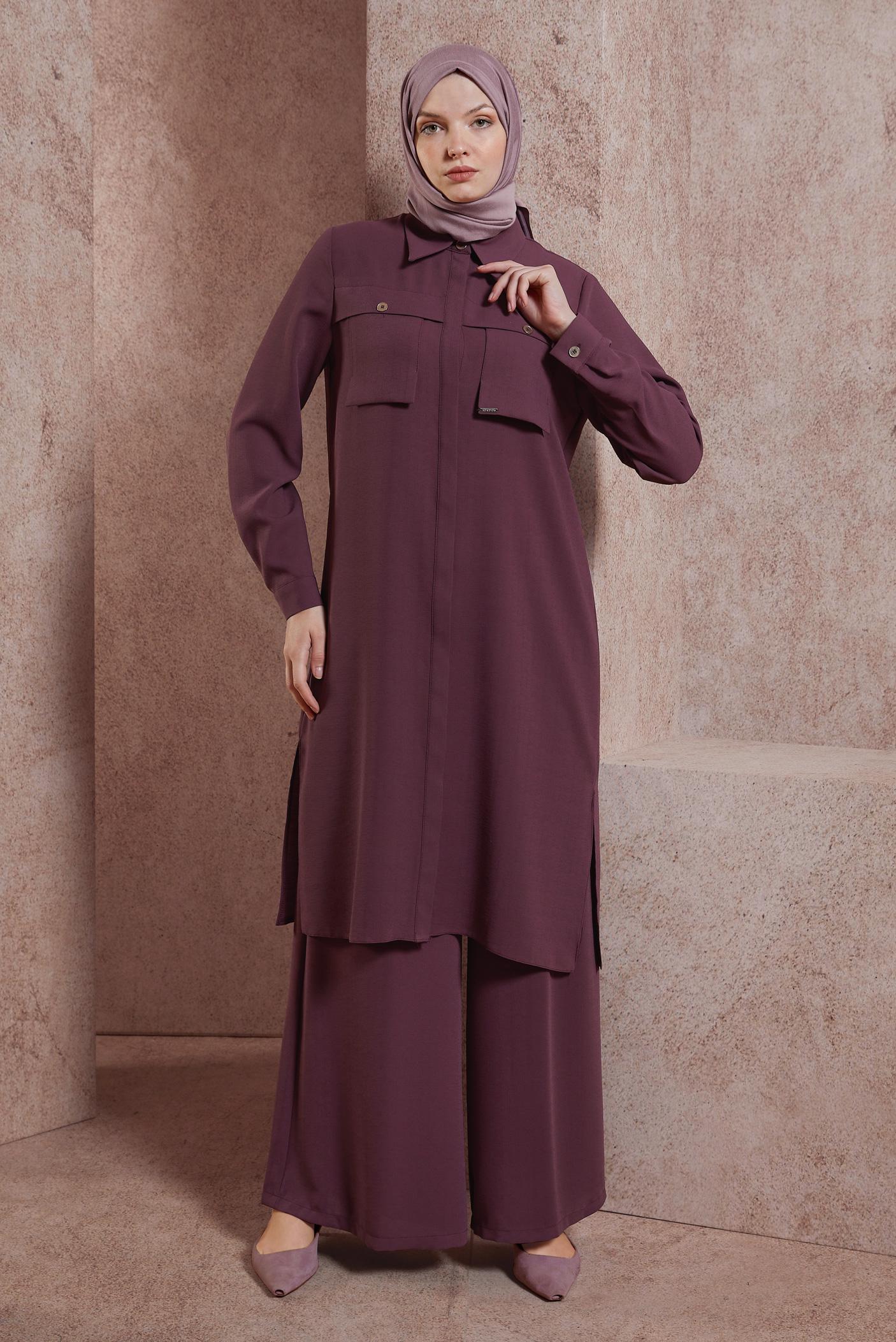 Tesettür giyim KAHVE KETEN DOKULU PANTOLONLU TAKIM 44464	