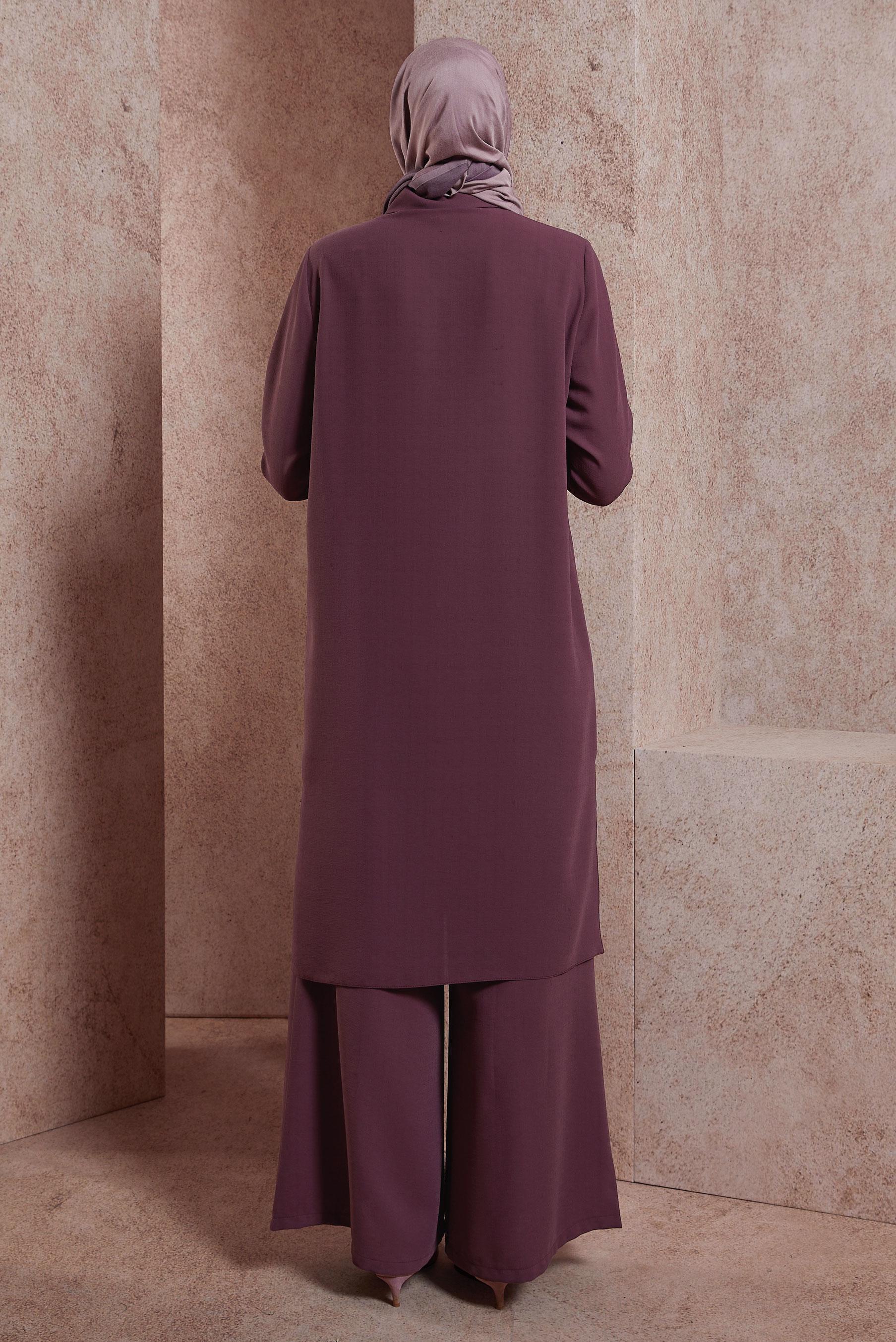 Tesettür giyim KAHVE KETEN DOKULU PANTOLONLU TAKIM 44464	