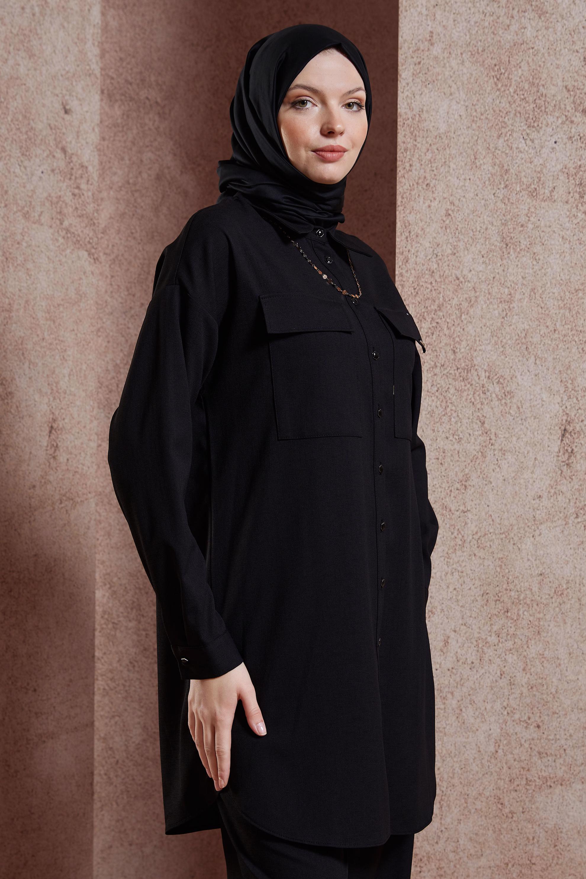 Tesettür giyim SİYAH GÖMLEK YAKA PANTOLONLU TAKIM 44473