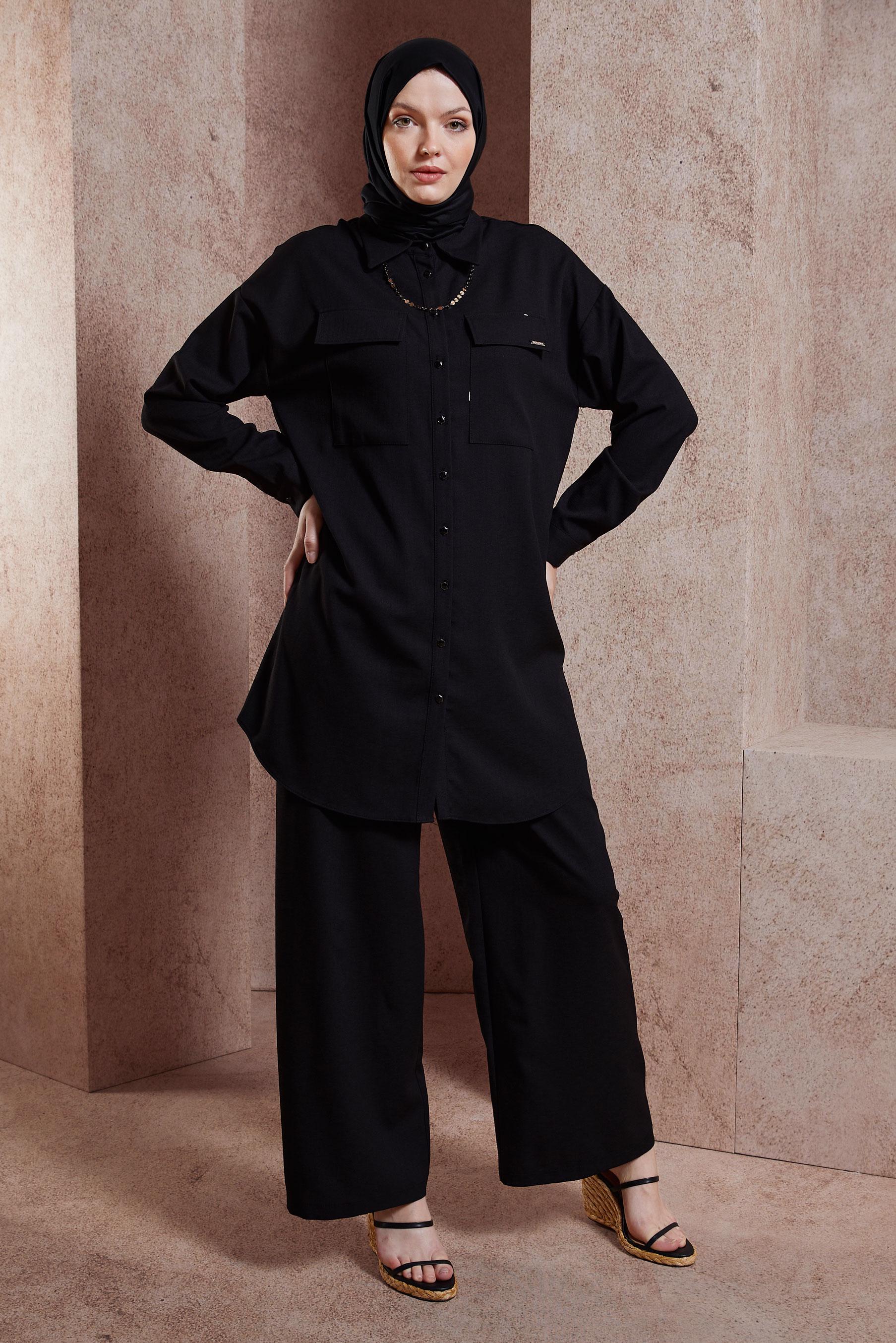 Tesettür giyim SİYAH GÖMLEK YAKA PANTOLONLU TAKIM 44473