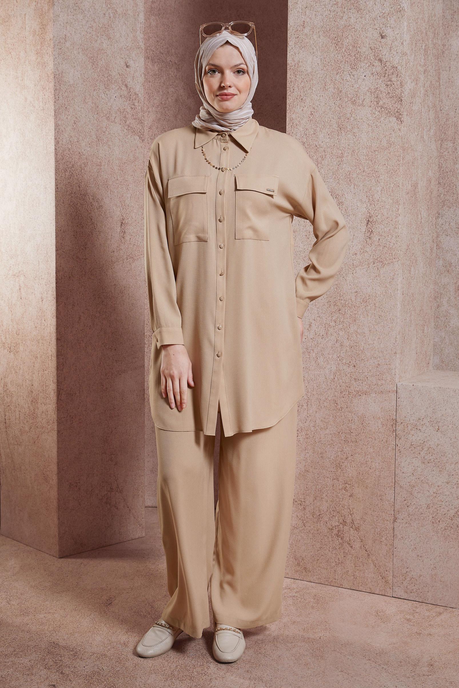 Tesettür giyim BEJ GÖMLEK YAKA PANTOLONLU TAKIM 44473