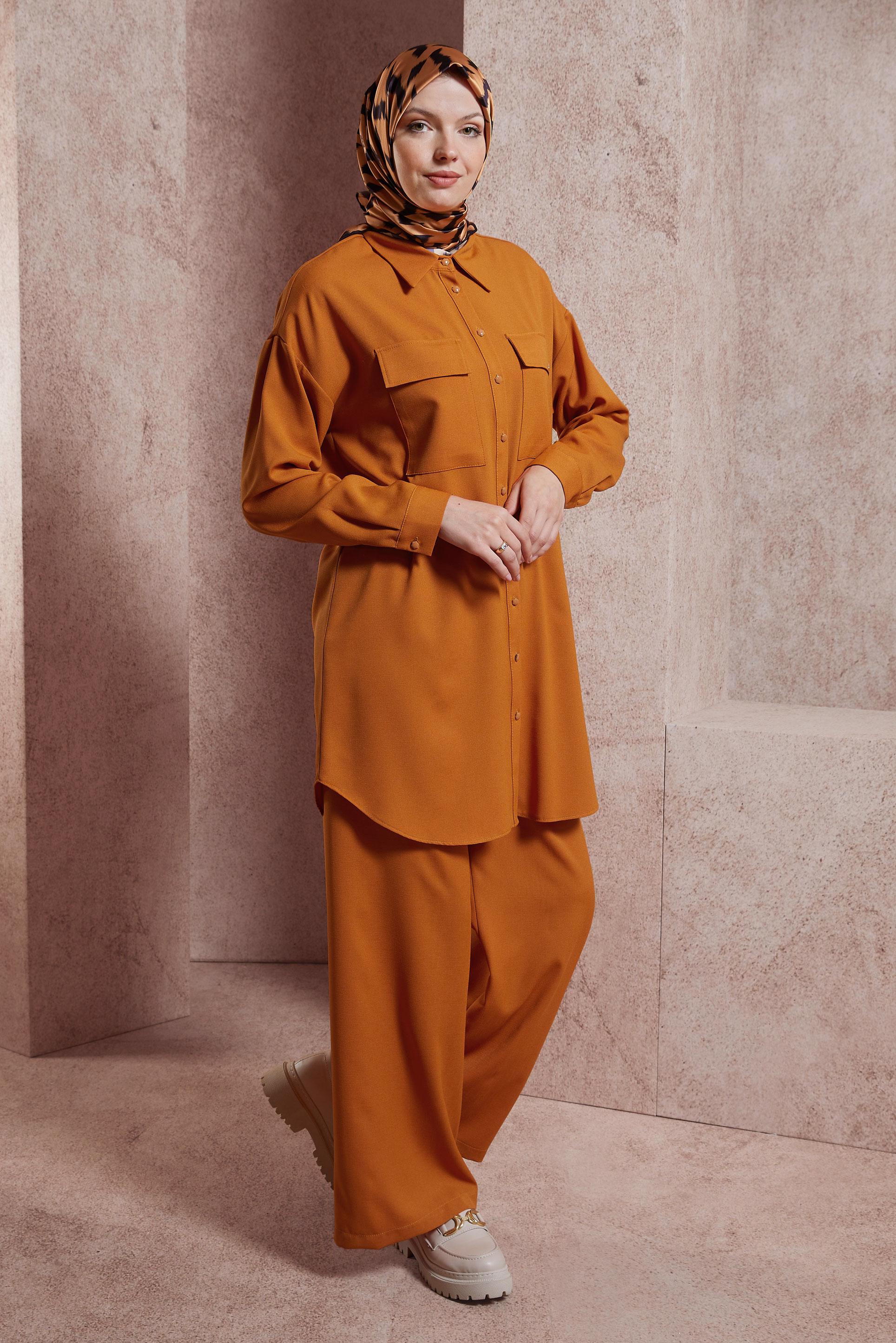 Tesettür giyim TURUNCU GÖMLEK YAKA PANTOLONLU TAKIM 44473