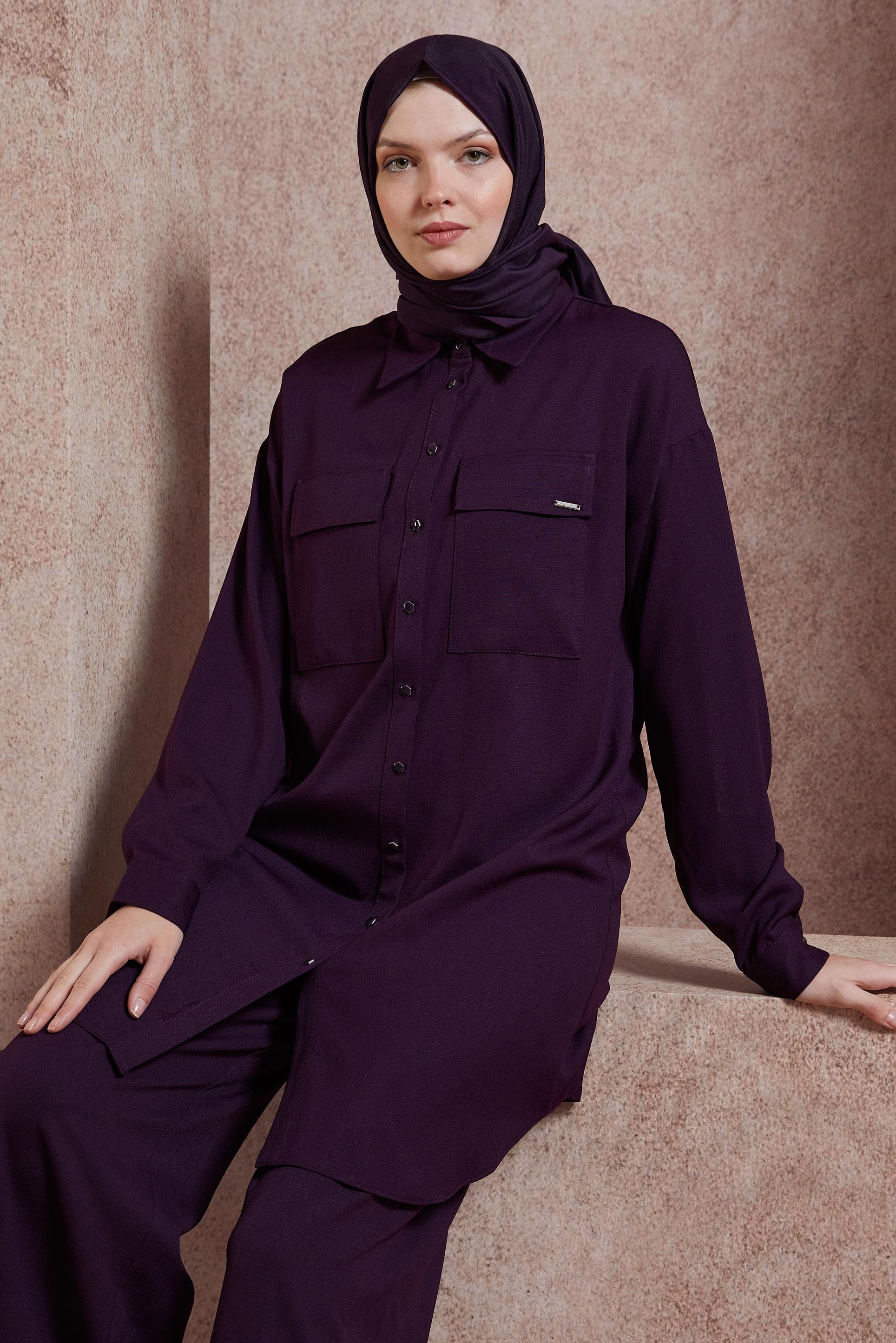 Tesettür giyim MOR GÖMLEK YAKA PANTOLONLU TAKIM 44473