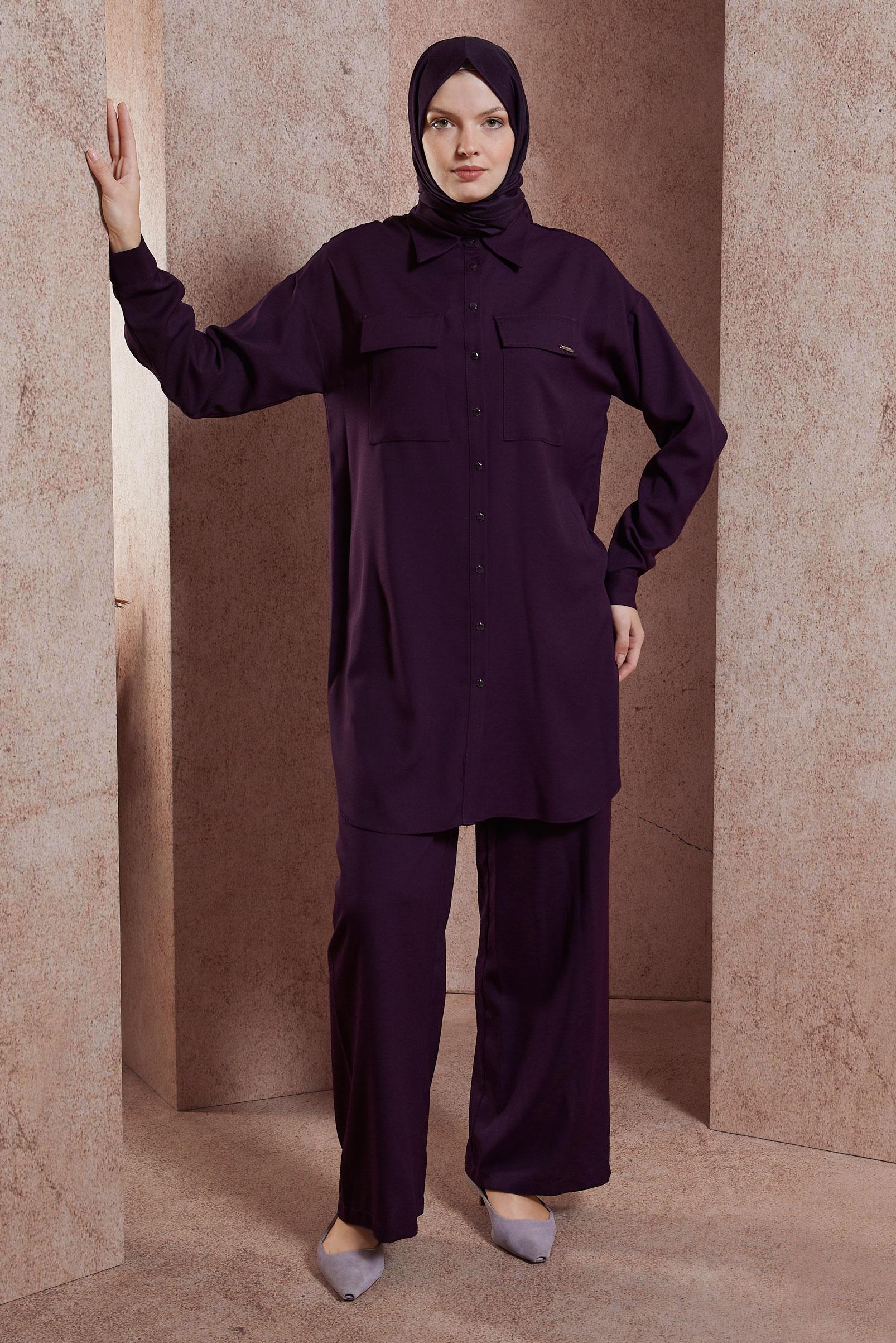 Tesettür giyim MOR GÖMLEK YAKA PANTOLONLU TAKIM 44473