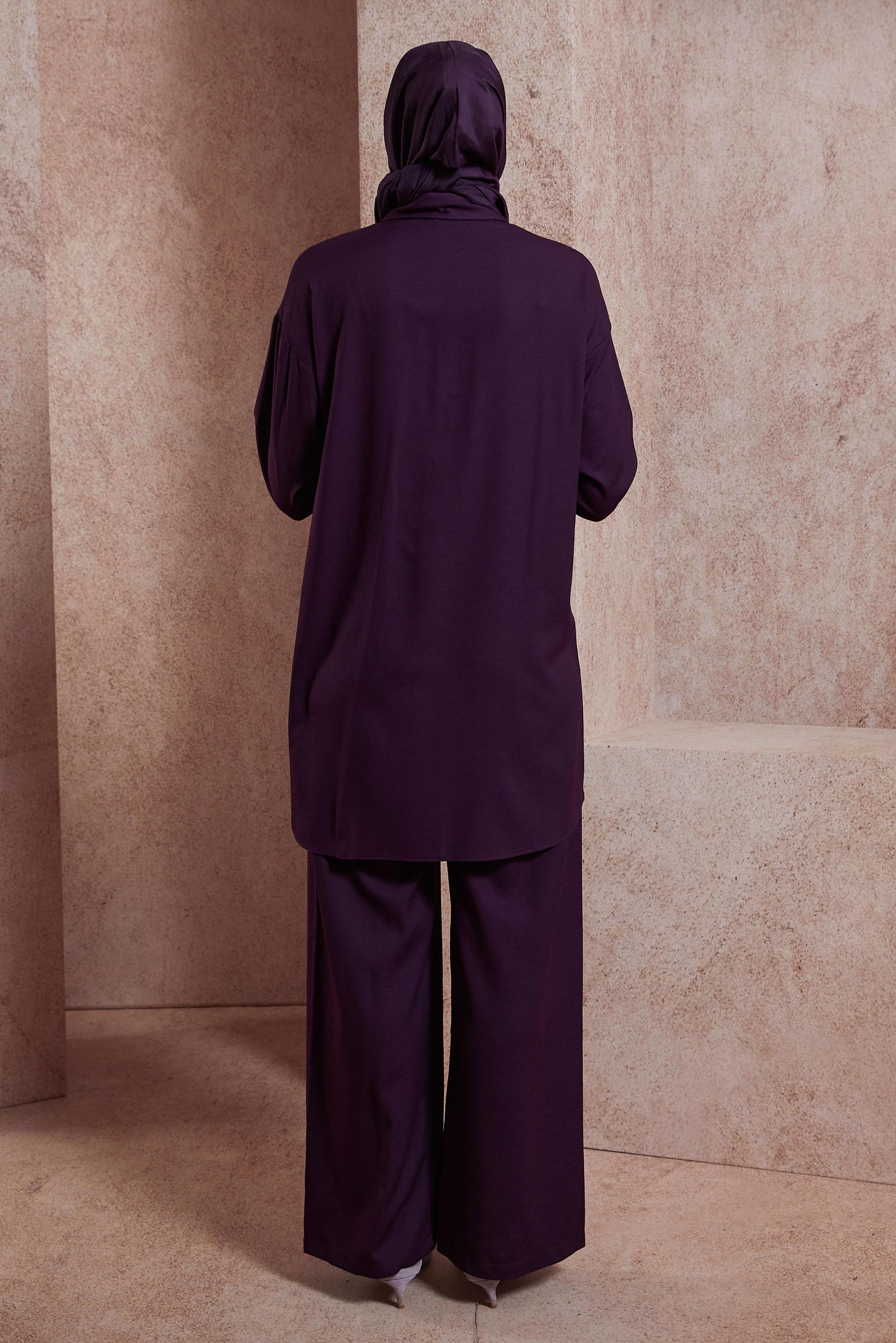 Tesettür giyim MOR GÖMLEK YAKA PANTOLONLU TAKIM 44473