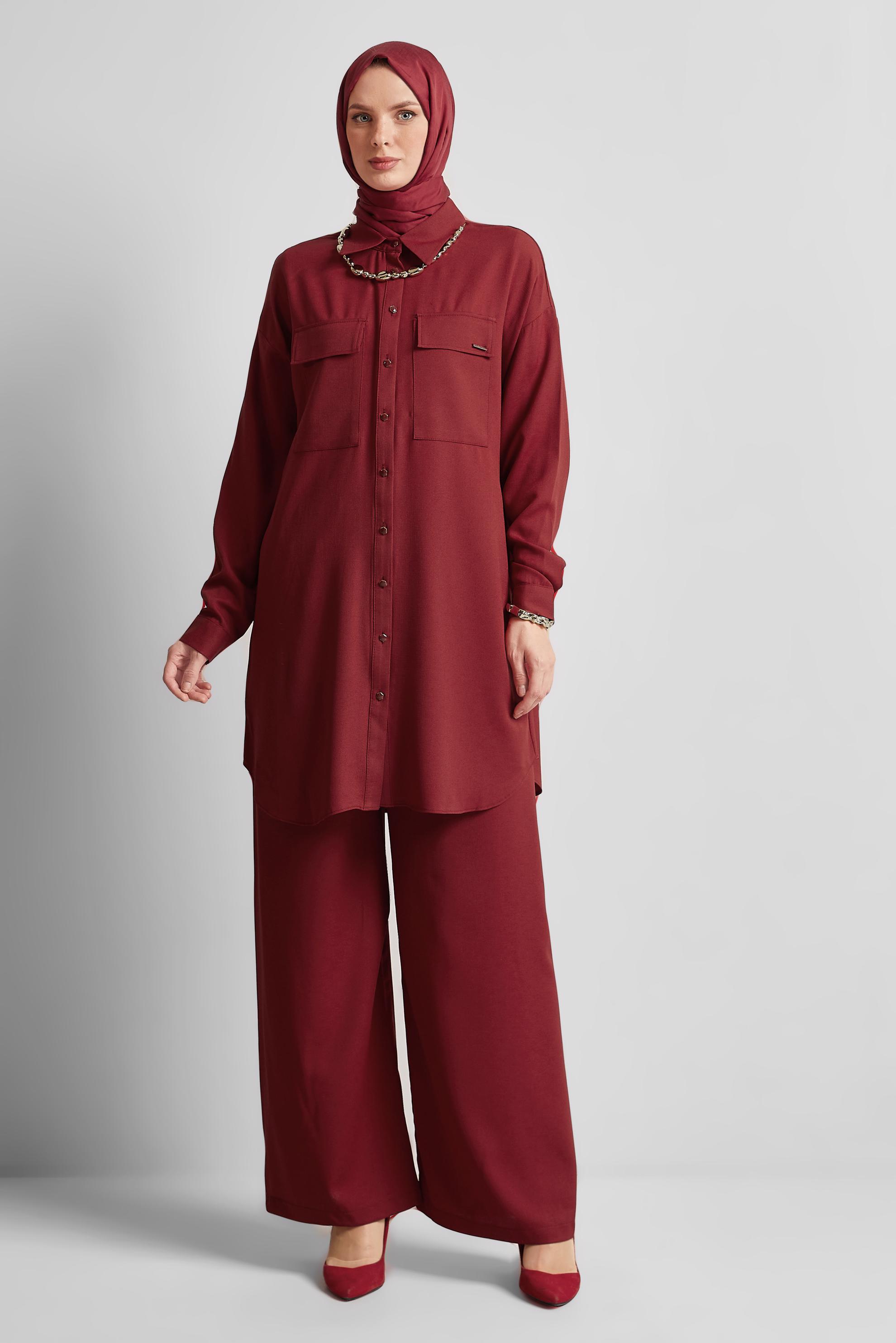 Tesettür giyim BORDO GÖMLEK YAKA PANTOLONLU TAKIM 44473