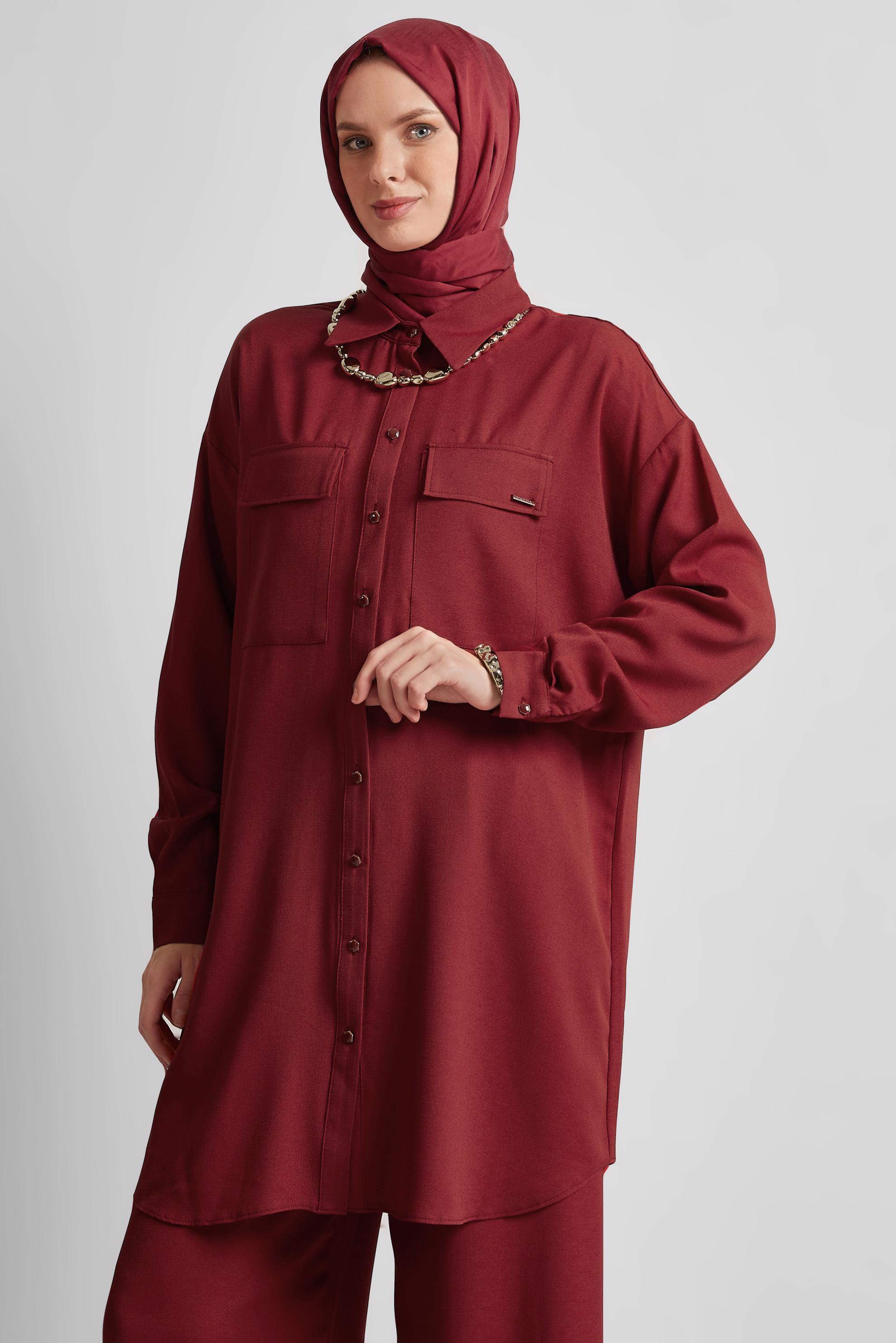 Tesettür giyim BORDO GÖMLEK YAKA PANTOLONLU TAKIM 44473
