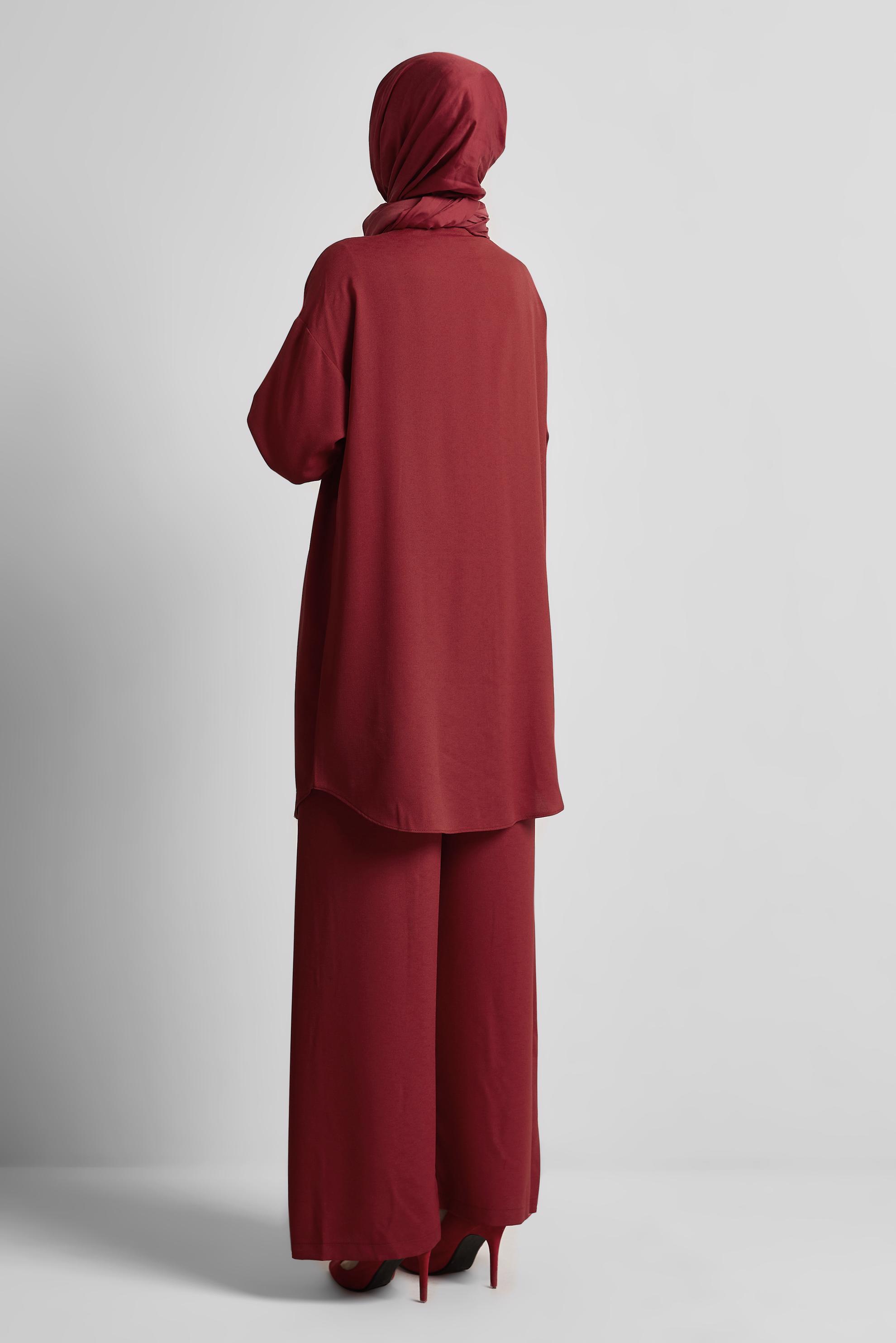 Tesettür giyim BORDO GÖMLEK YAKA PANTOLONLU TAKIM 44473