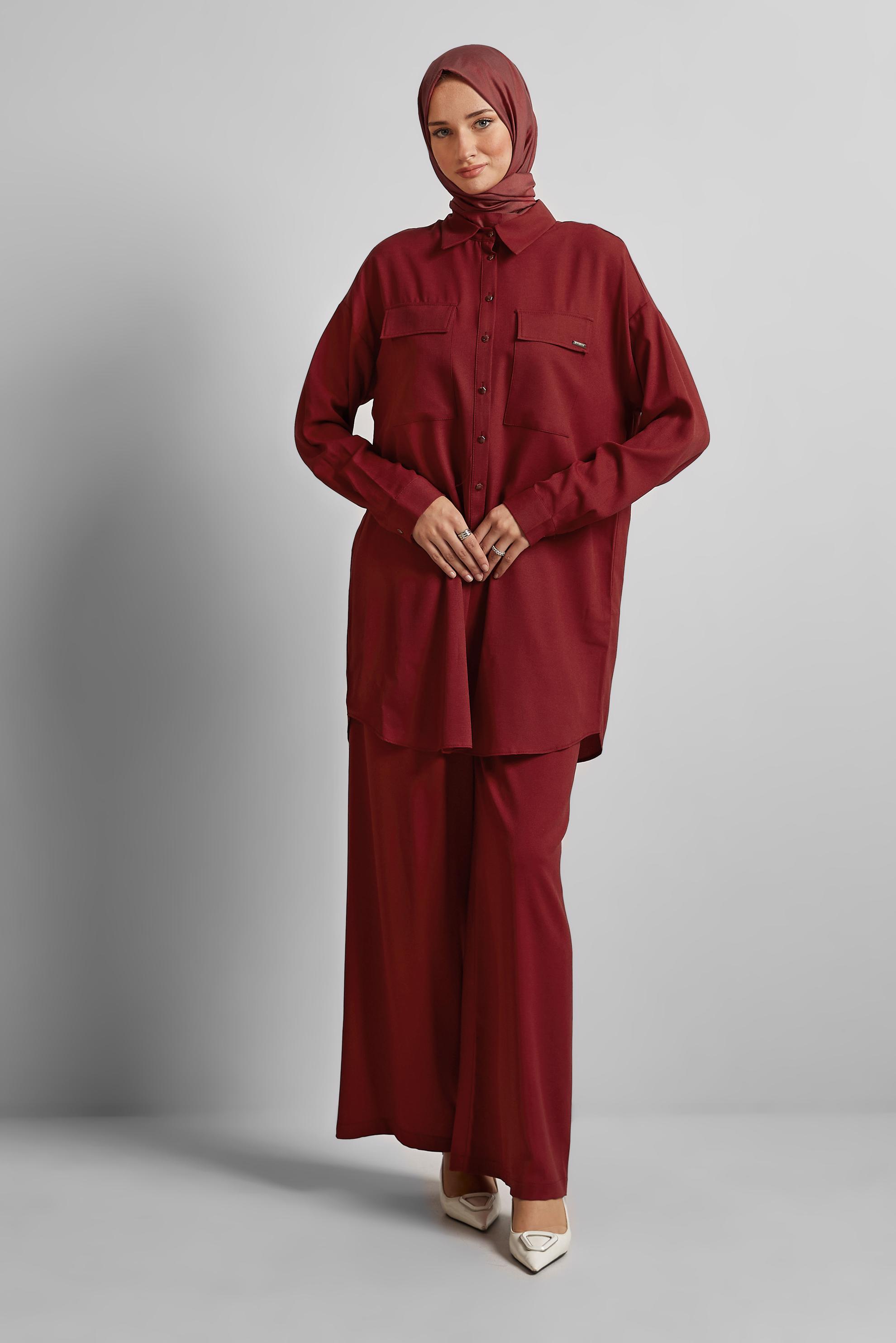 Tesettür giyim TABA GÖMLEK YAKA PANTOLONLU TAKIM 44473