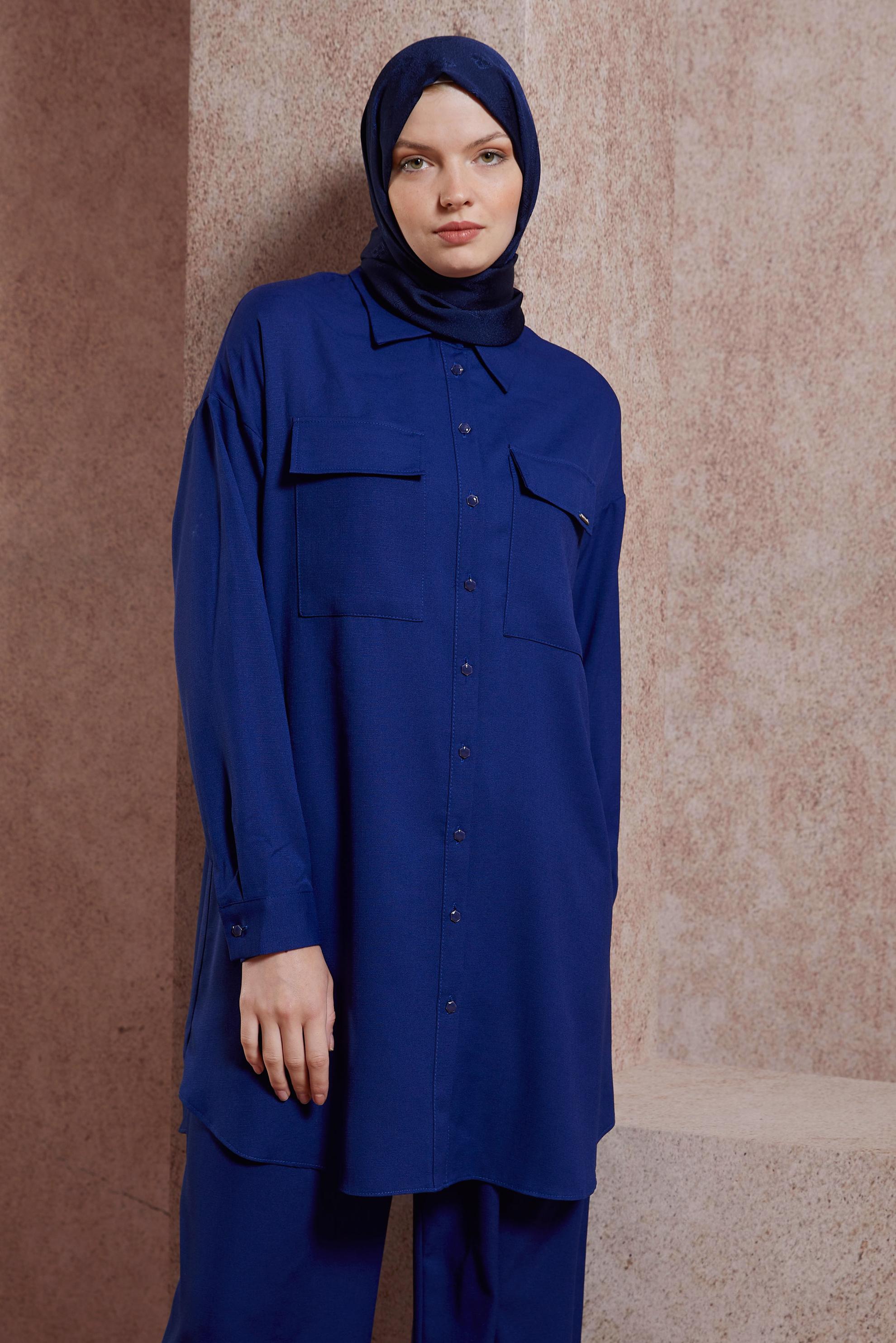 Tesettür giyim LACİVERT GÖMLEK YAKA PANTOLONLU TAKIM 44473