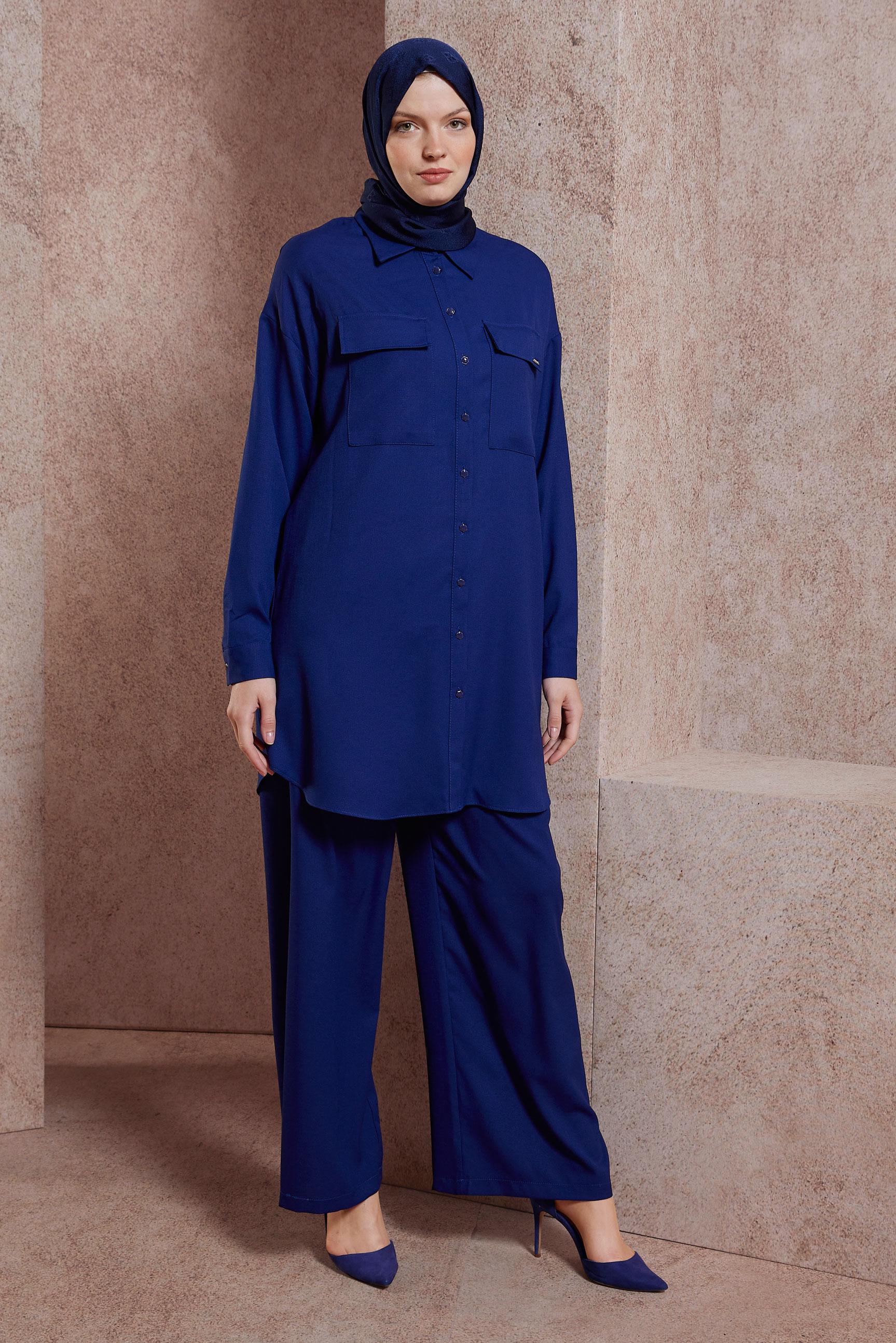 Tesettür giyim LACİVERT GÖMLEK YAKA PANTOLONLU TAKIM 44473