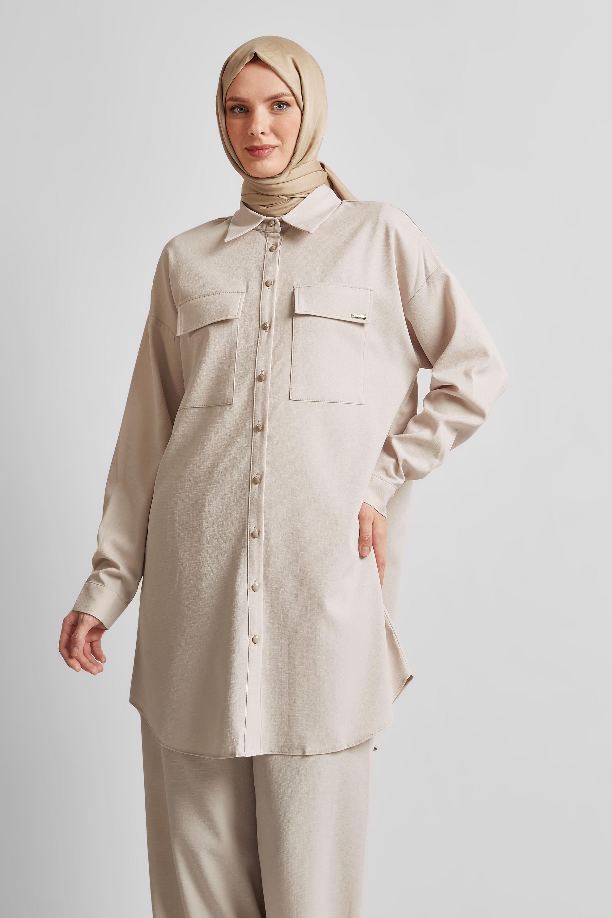 Tesettür giyim BEJ GÖMLEK YAKA PANTOLONLU TAKIM 44473